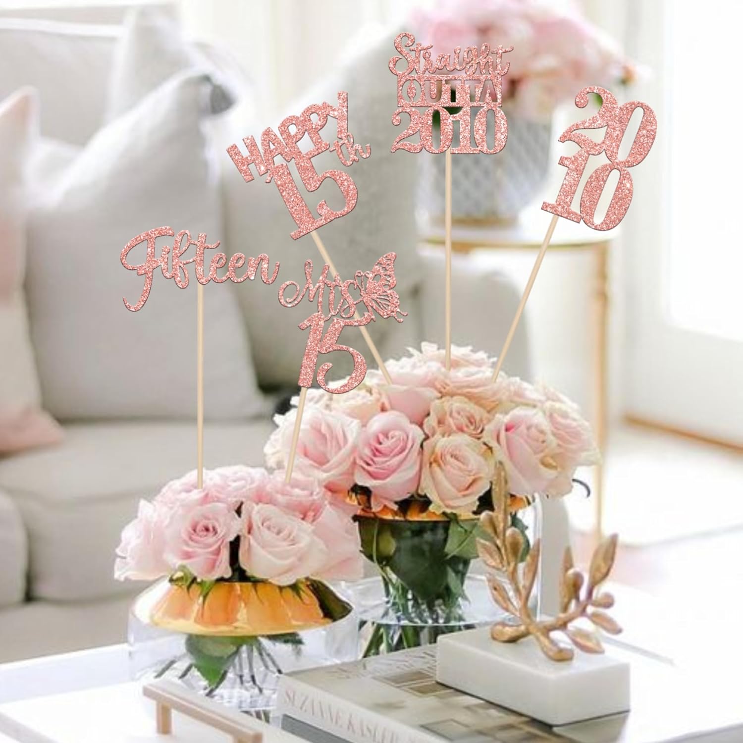 15 PCS Rose Gold 15th Birthday Centerpiece Sticks