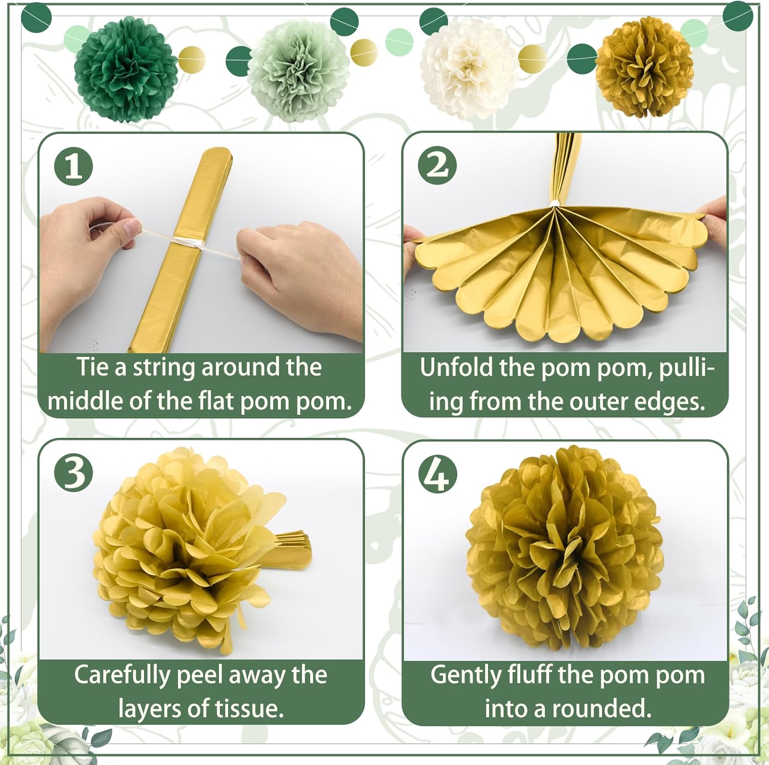 Green Wedding Party Decorations Set 16PCS Tissue Pom Poms Garland