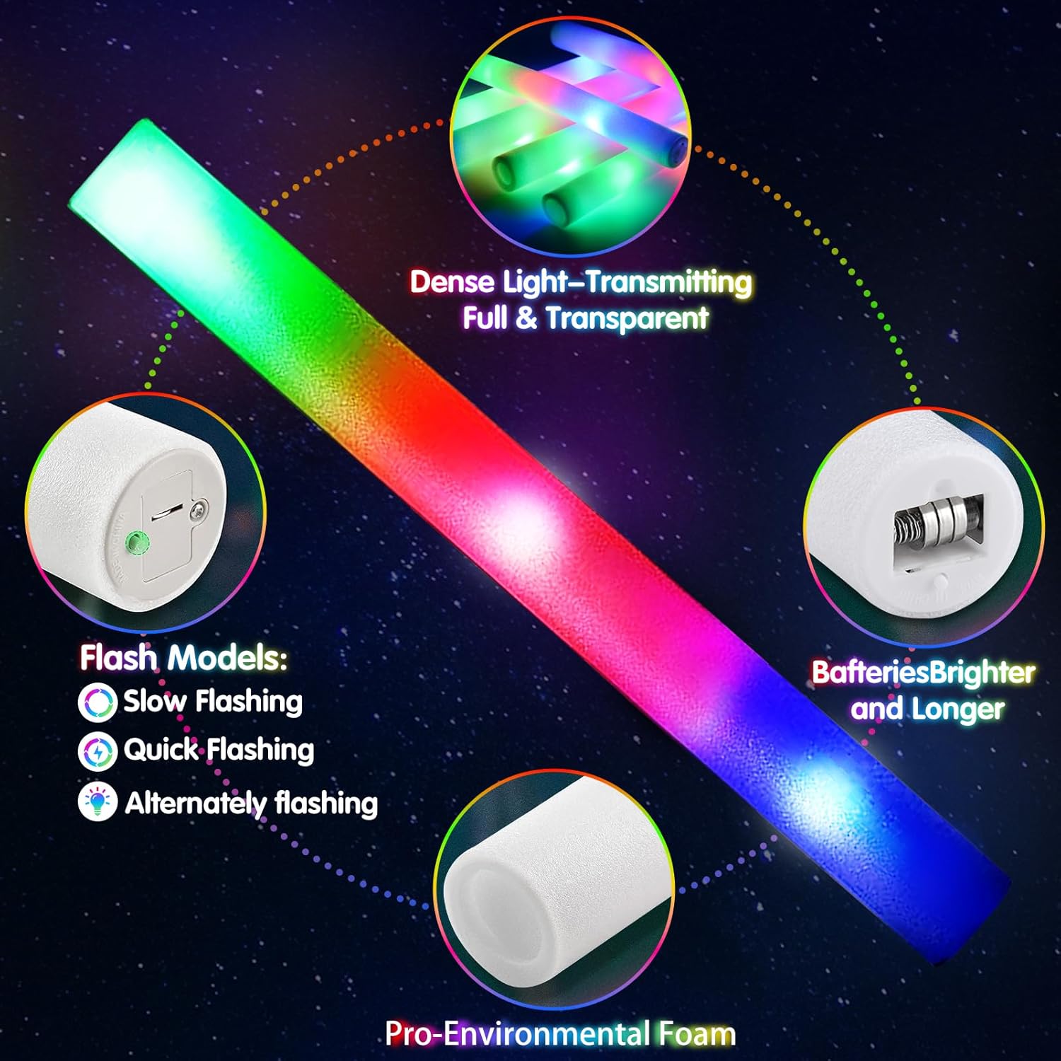 48 Pcs LED Foam Glow Sticks with 3 Modes