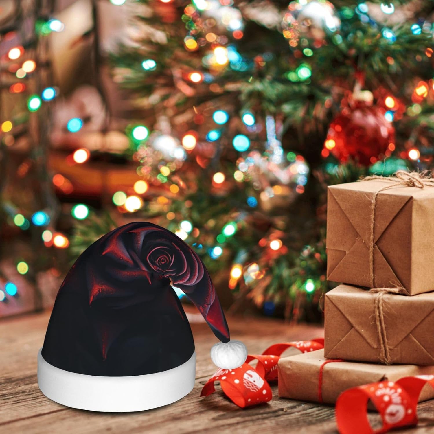Personalized Santa Hat with Red Rose and Black Leaves Print