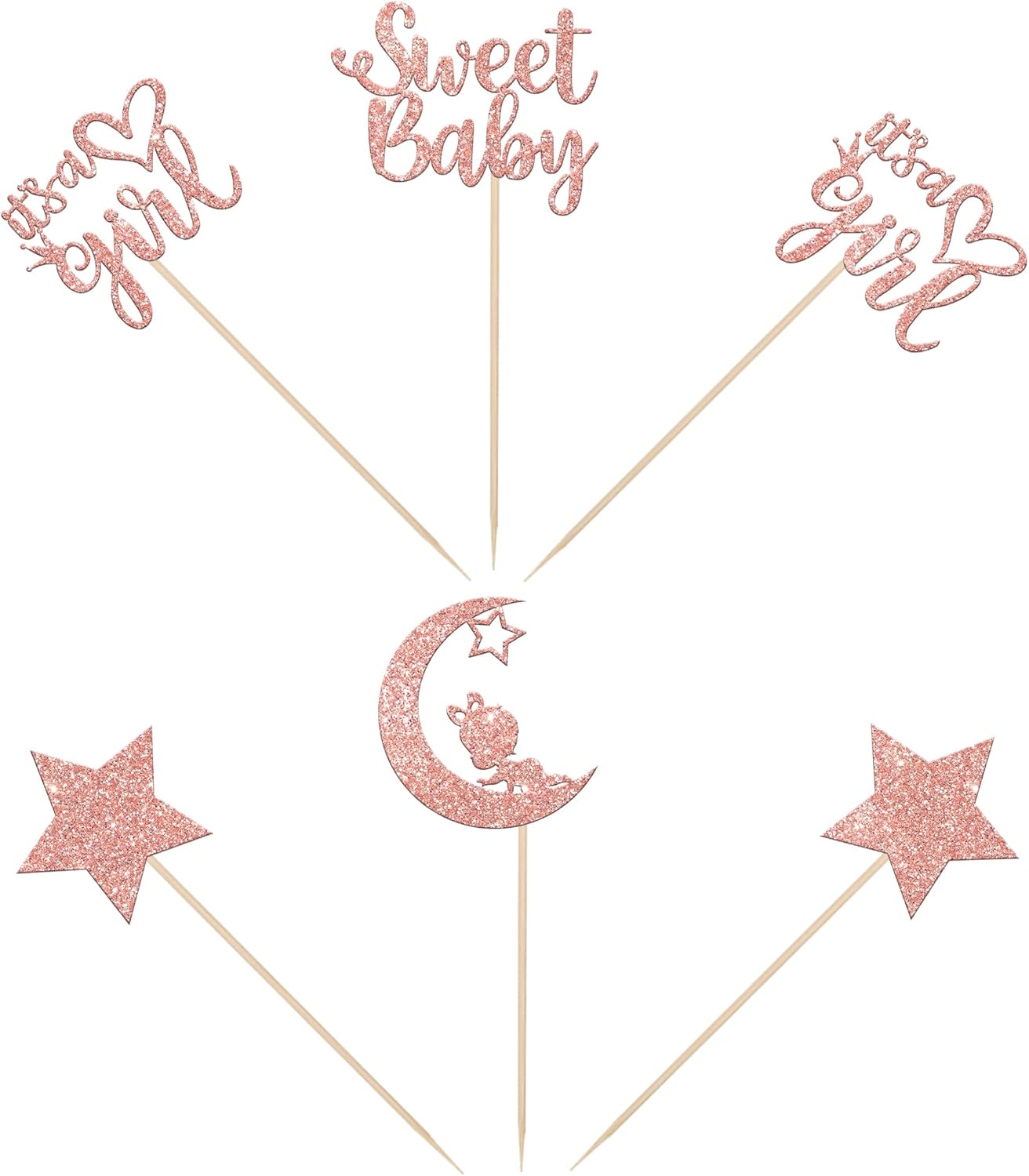 12 PCS Sweet Baby Girl Centerpiece Sticks with Rose Gold Moon Glitter