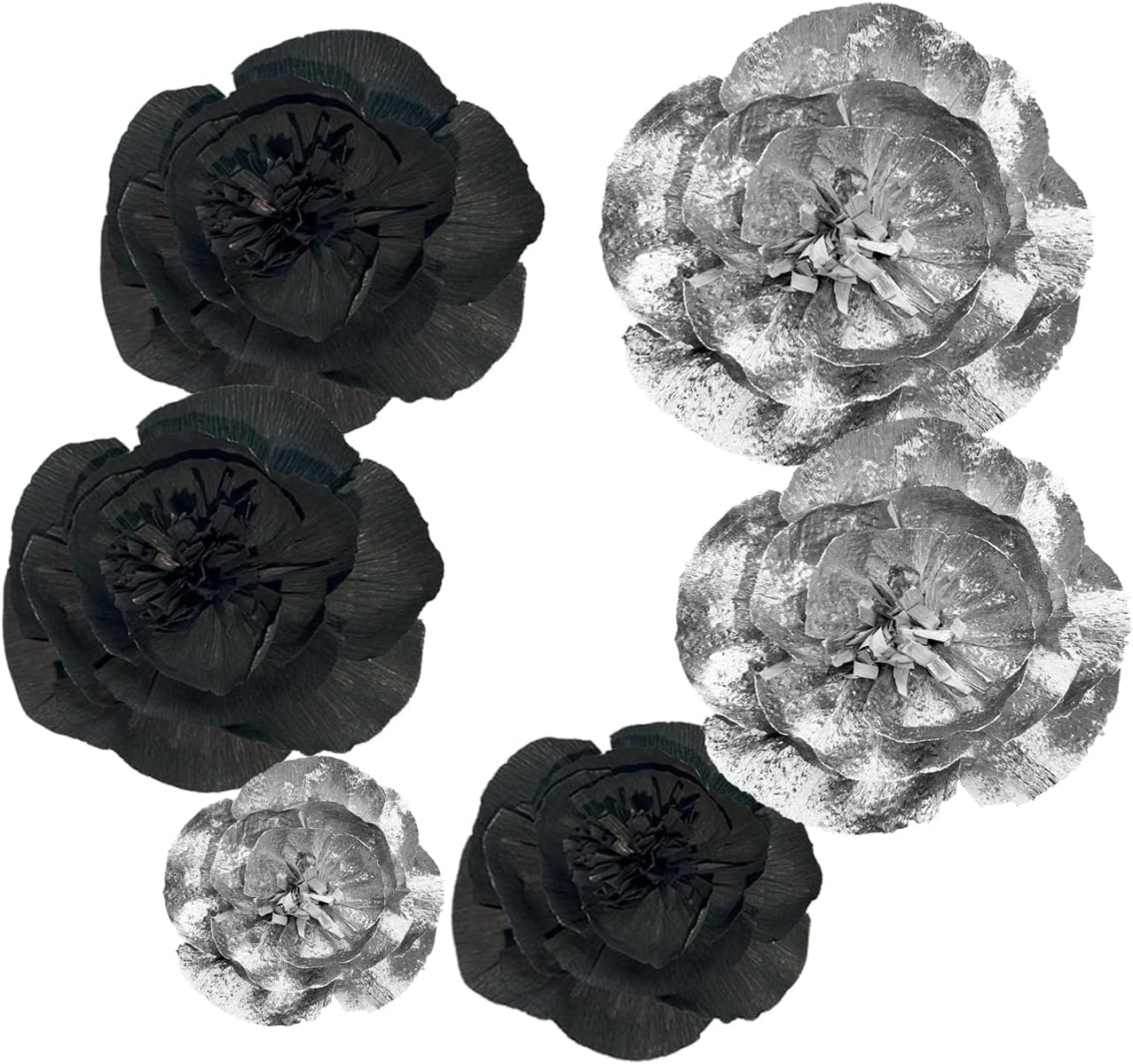 IGUO Silver Black Paper Flowers 3D Decor 6PCS