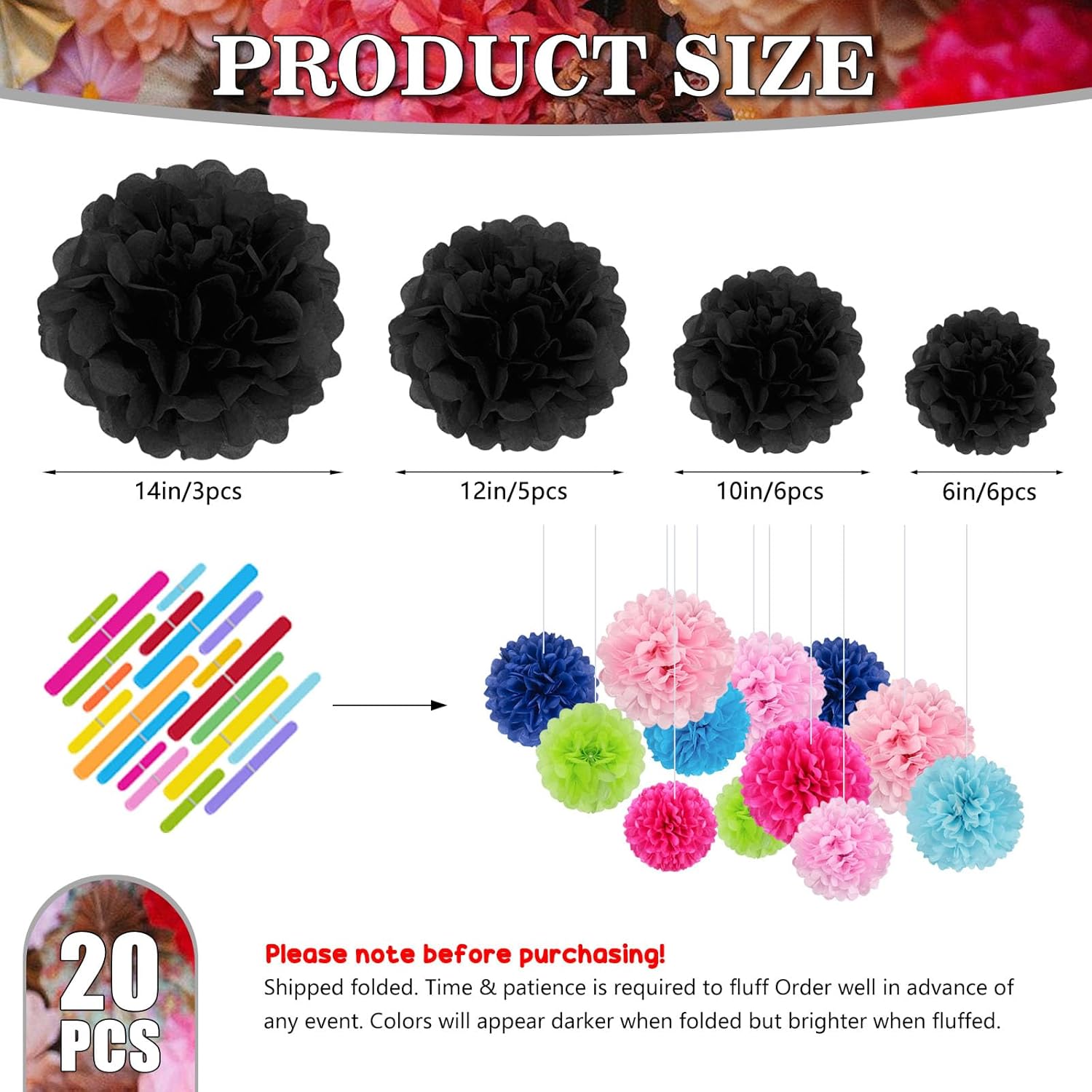 Black Tissue Paper Pom Poms 20 Piece Set for Events