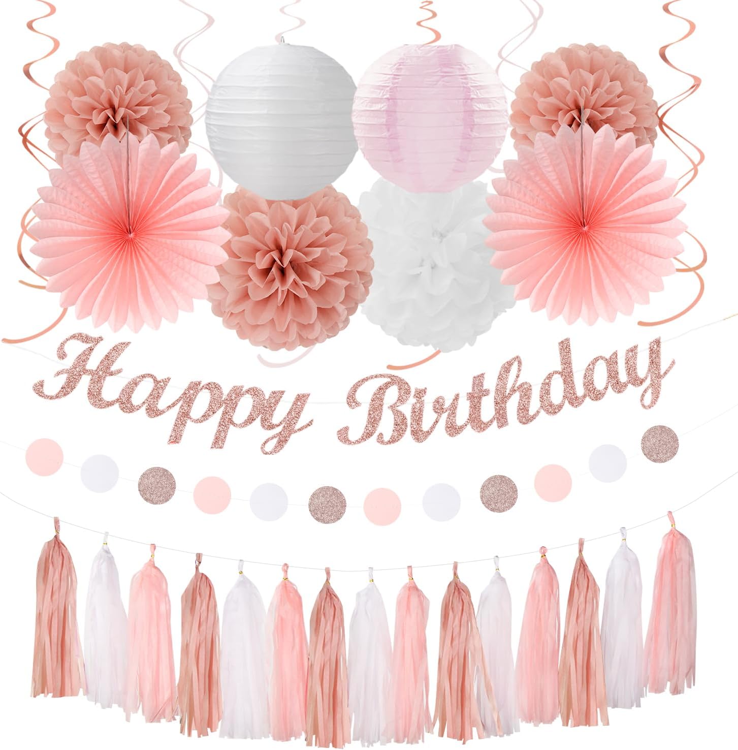 Rose Gold Pink White Birthday Decorations 31pcs