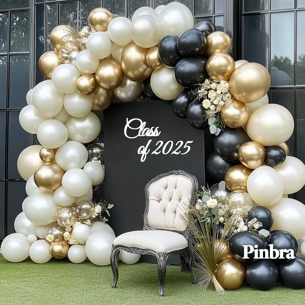 Double Stuffed Black White Gold Balloon Arch Kit