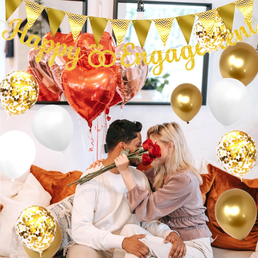 Gold Glitter Happy Engagement Banner 12 Pcs Decorations