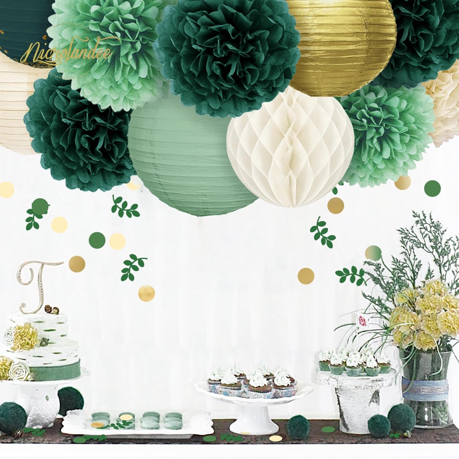 NICROLANDEE 12PCS Emerald Green Tissue Pom Poms Decorations