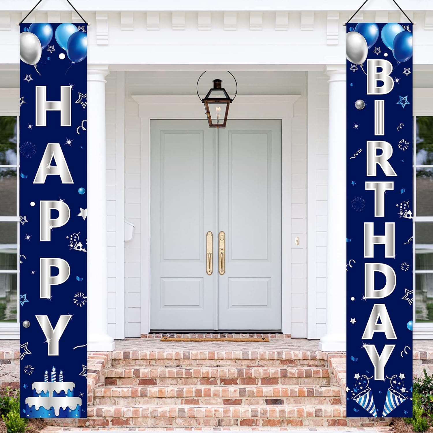Turypaty Blue Silver Happy Birthday Door Banner Decorations