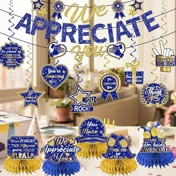 We Appreciate You Decorations Navy Blue Gold Set