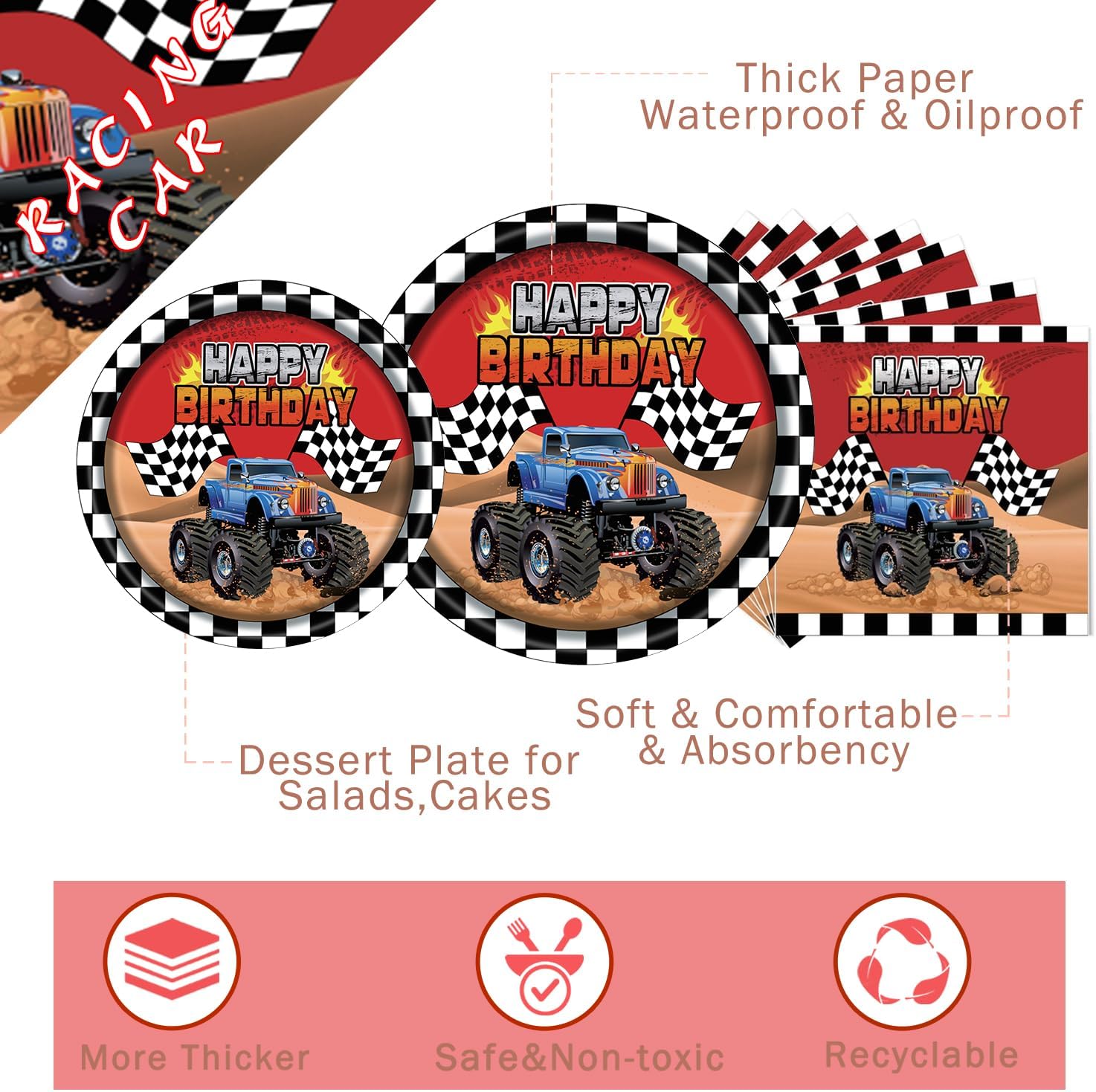 Racing Car Themed Paper Plates Napkins Set for Kids Birthday Party
