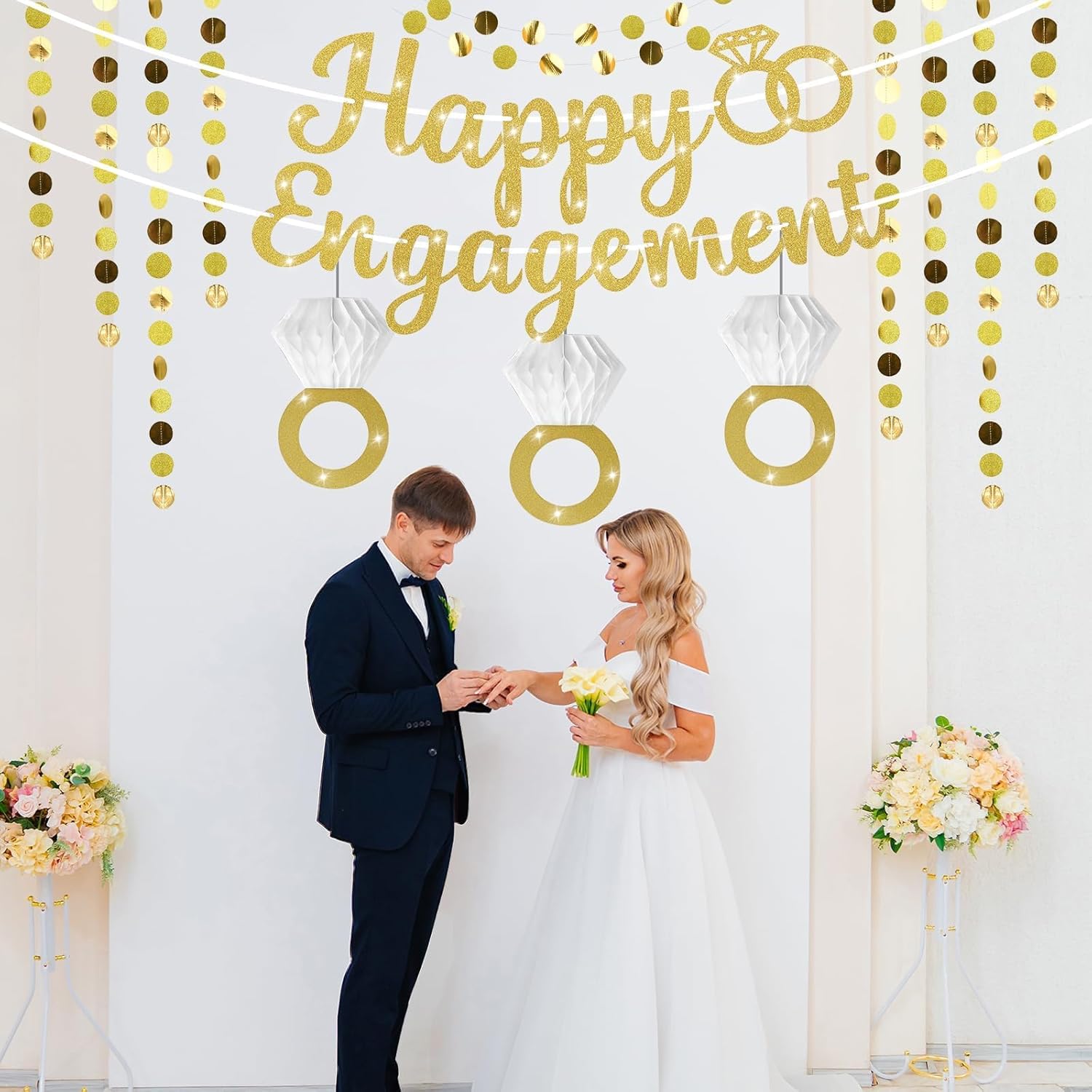 Gold Glitter Happy Engagement Party Banner Decor Set