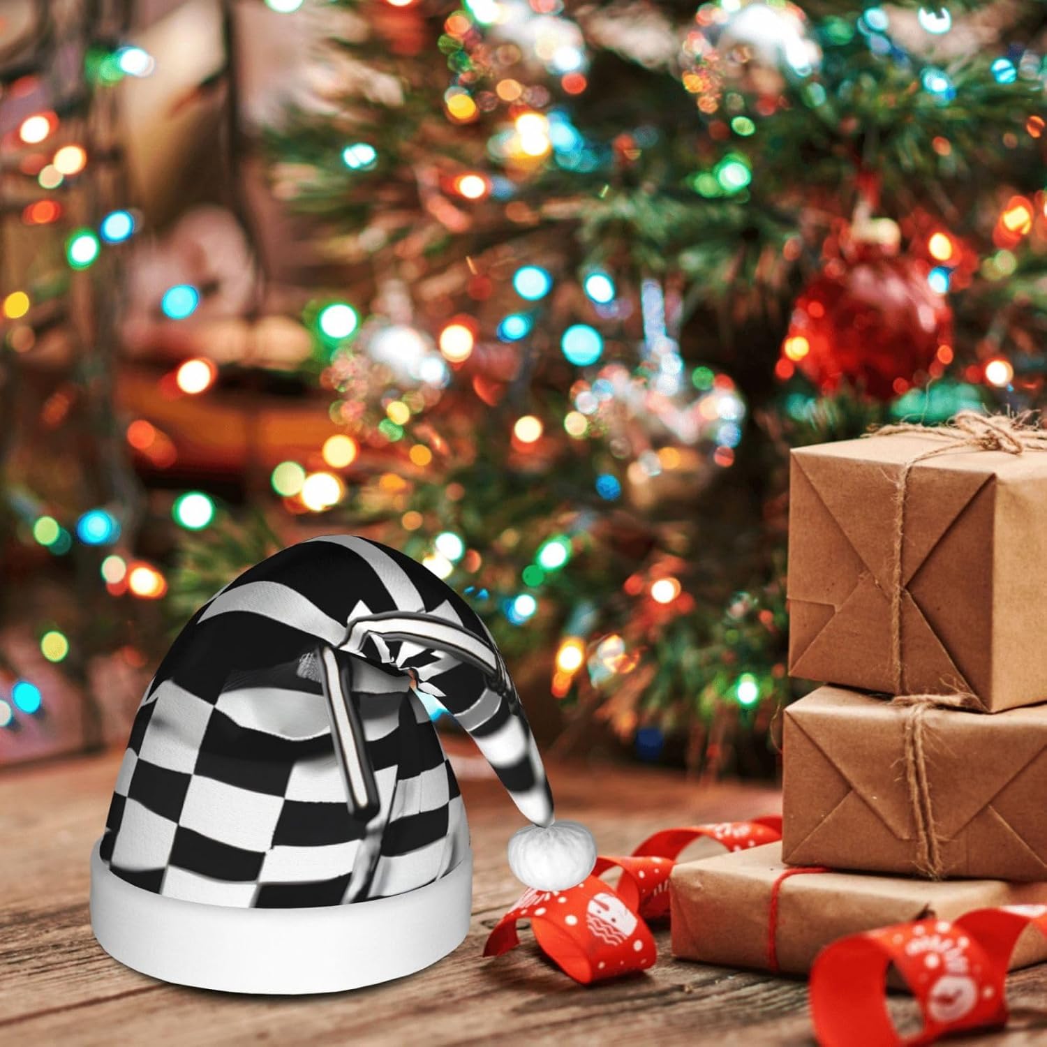 QINZHENG Checkered Flags Santa Hat Personalized Christmas Headwear