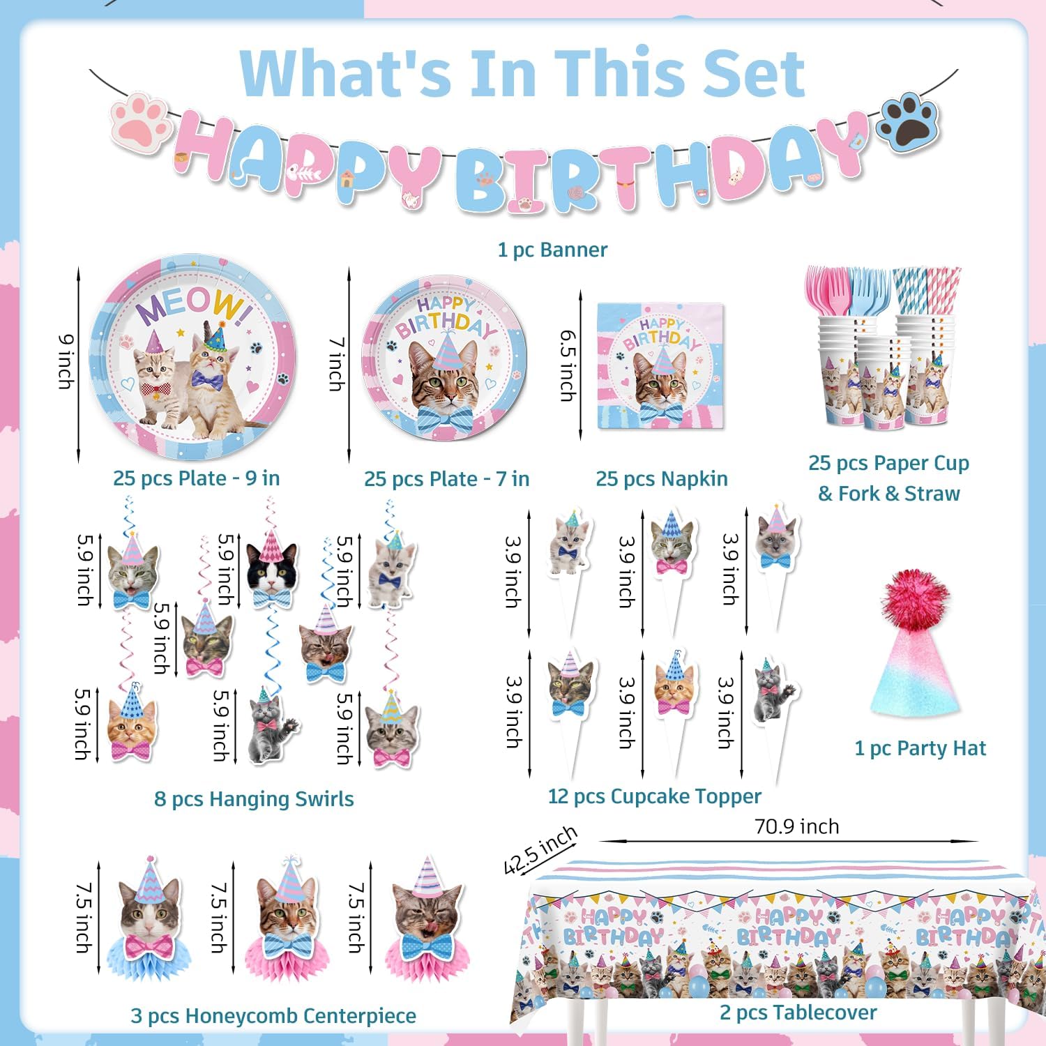 177pcs Cat Birthday Decorations Set for Kitten Girls Party