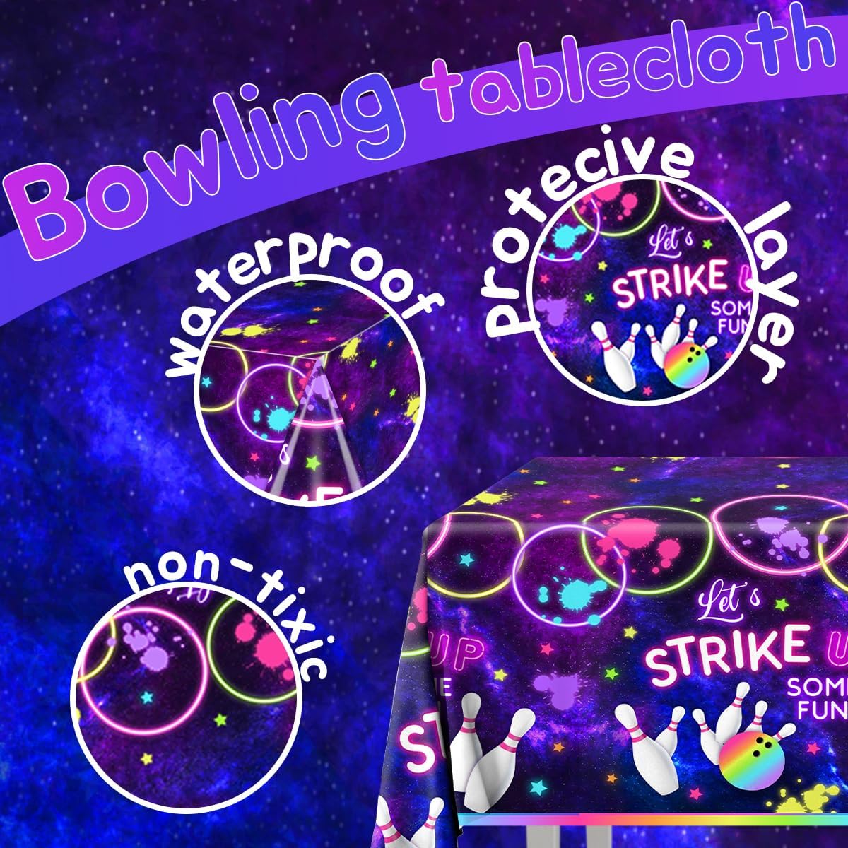 Peghoqu Bowling Party Tablecloth 3Pcs Neon Rainbow Fun Decor