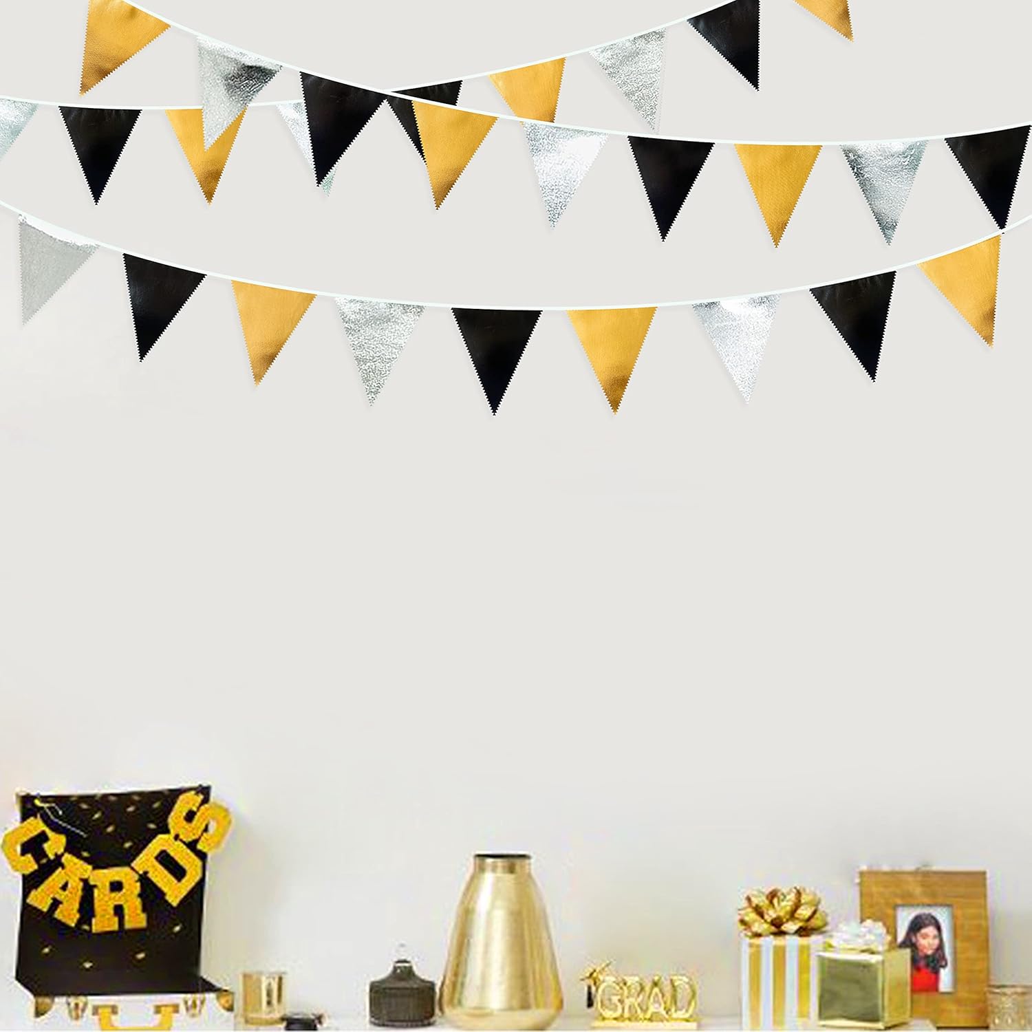 Black Gold Silver Triangle Pennant Banner Garland for Parties