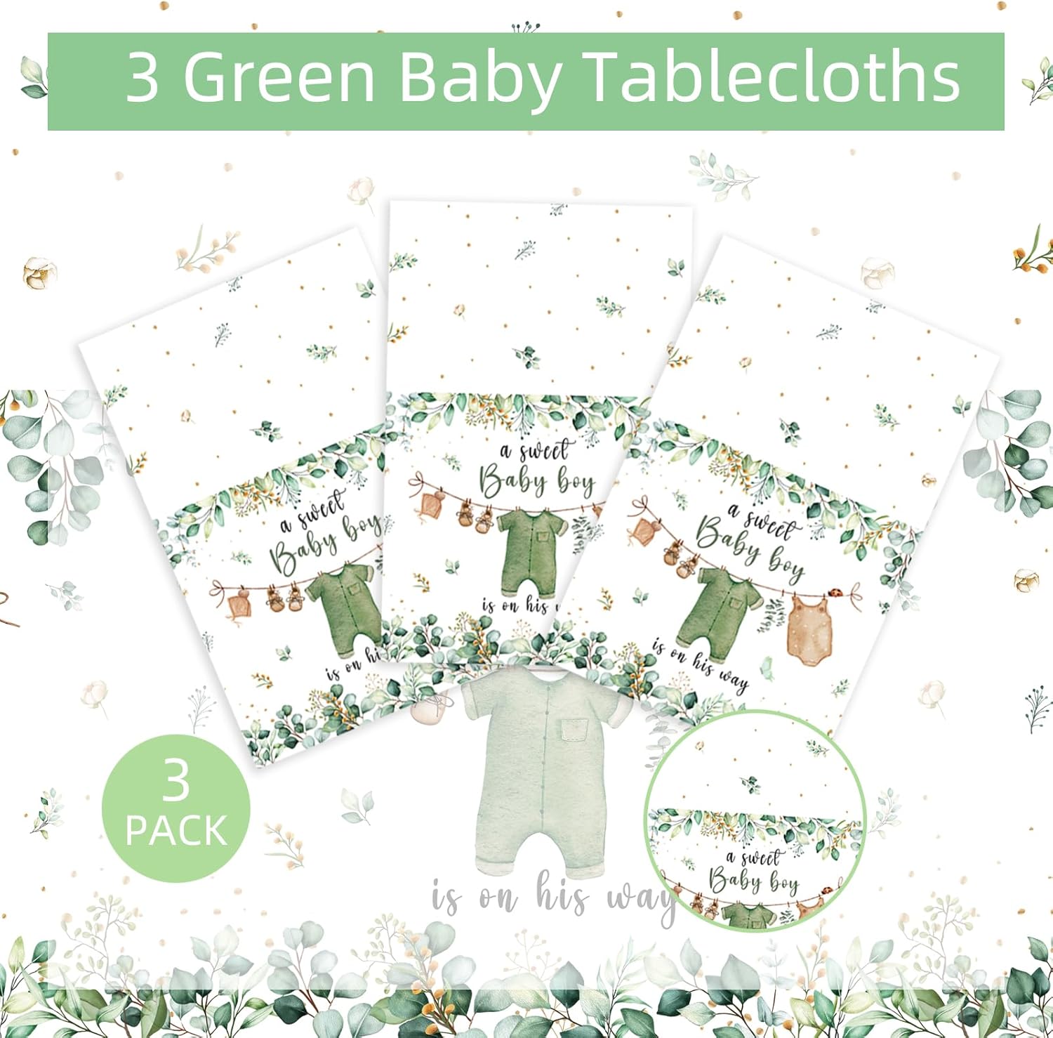 3PCS Waterproof Greenery Baby Shower Tablecloth for Gender Reveal Party