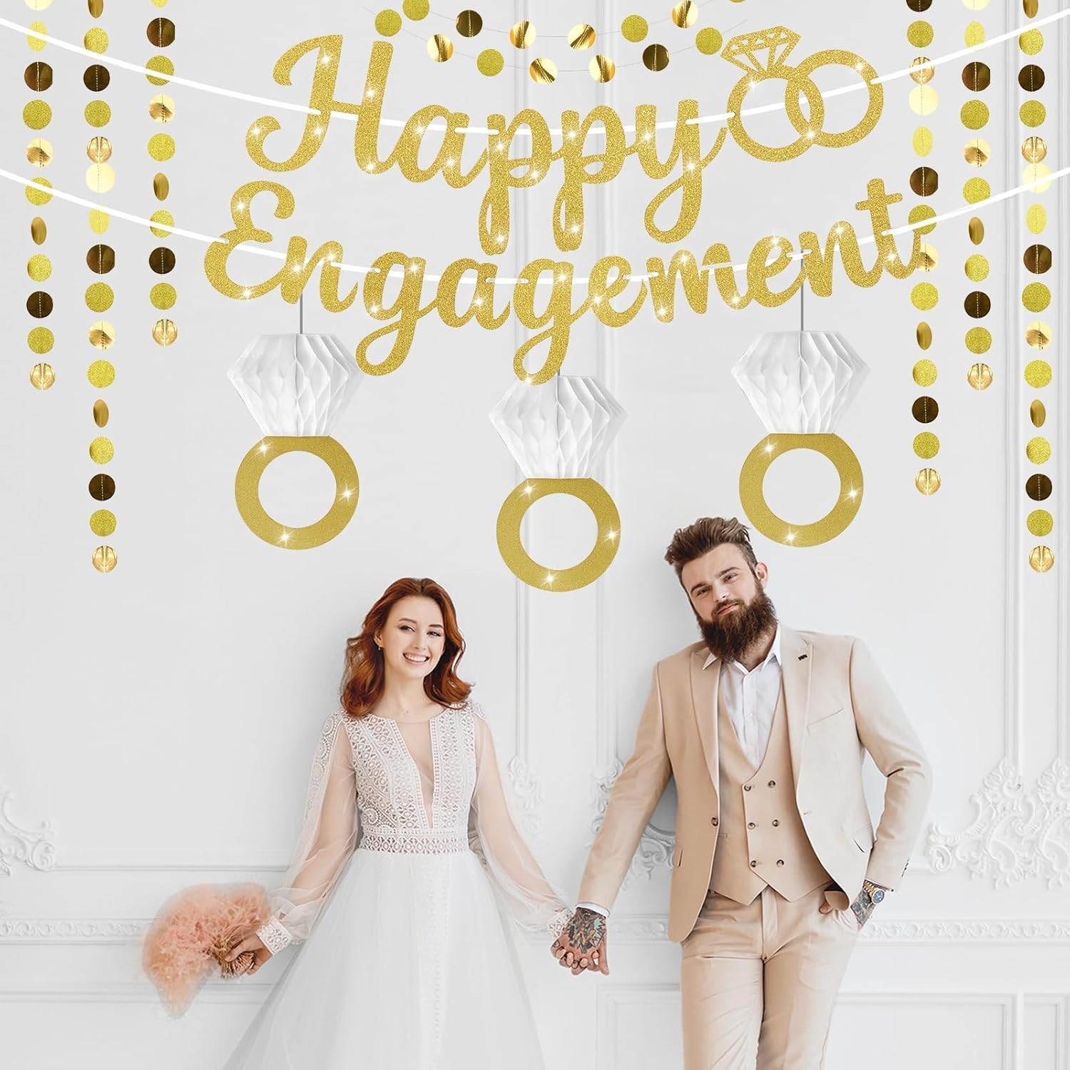 Gold Glitter Happy Engagement Party Banner Decor Set