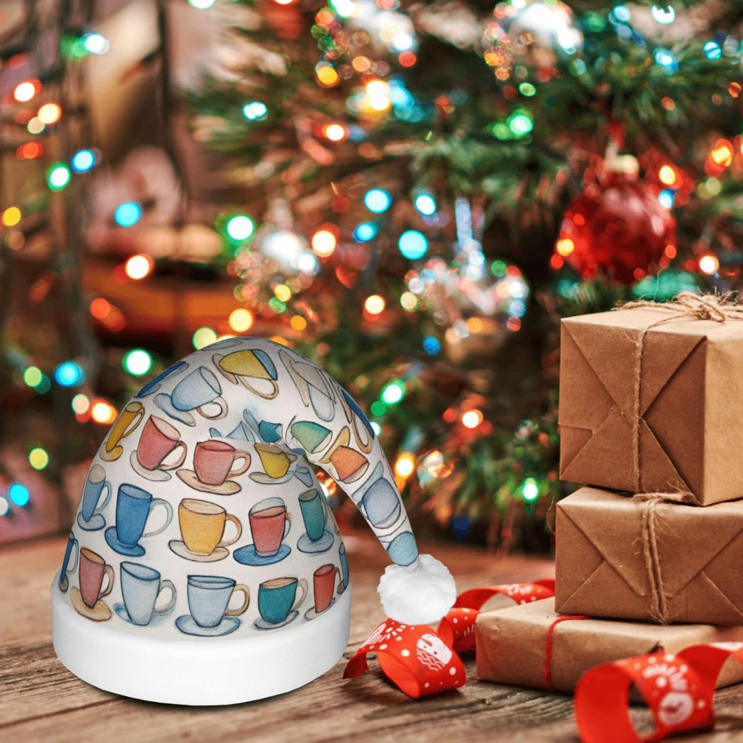 QINZHENG LED Christmas Hat with Teapots and Cups Print