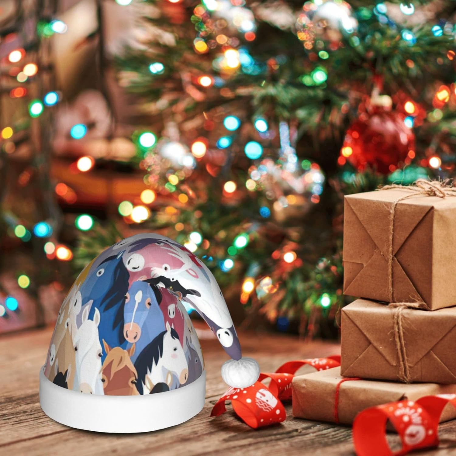 QINZHENG Cartoon Horses Santa Hat Christmas Gift for Women