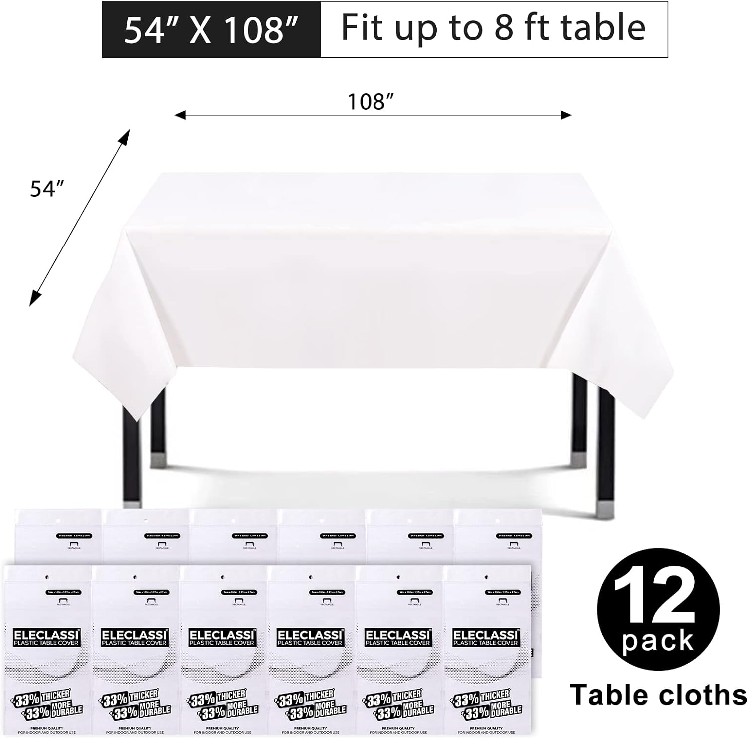 Eleclassi White 12 Pack Premium Disposable Plastic Tablecloths 54 x 108 Inches