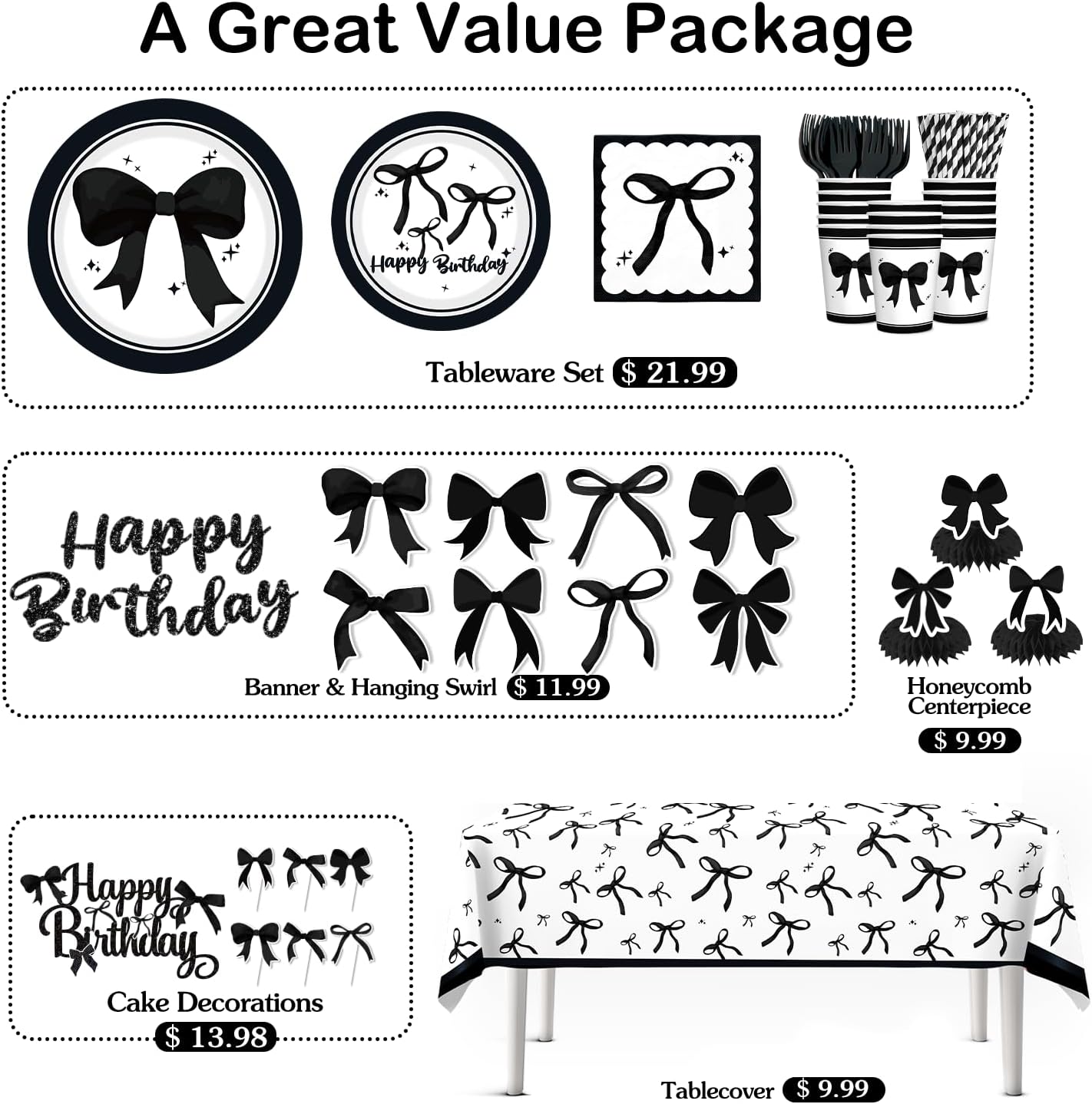Black Bow Birthday Decorations Set