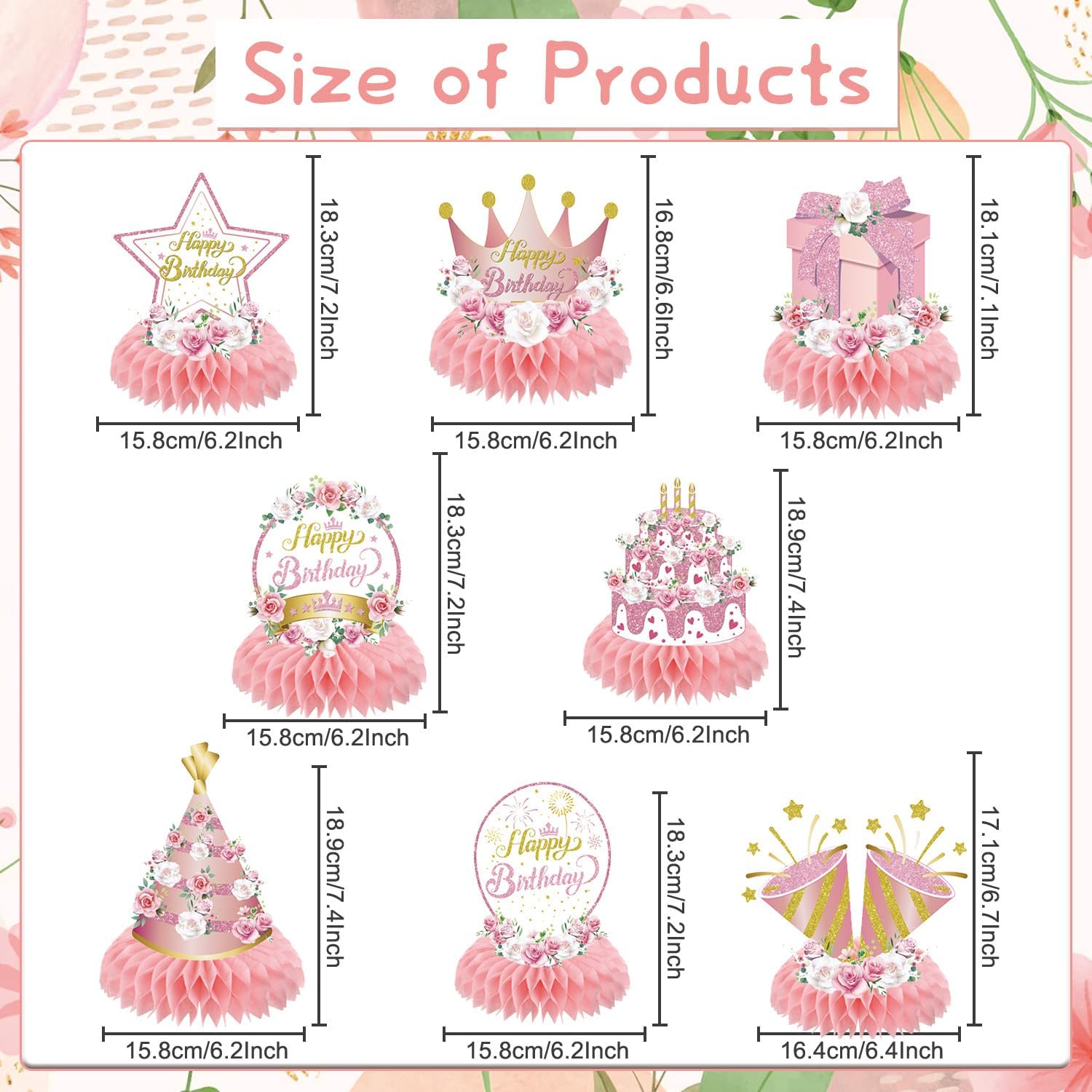 Pink Flower Birthday Decorations 8PCS Centerpiece Set