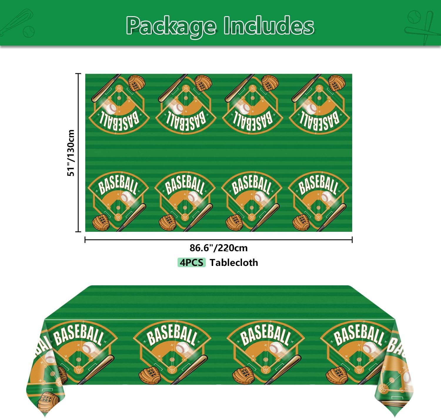 4-Pack Baseball Tablecloths for Theme Parties