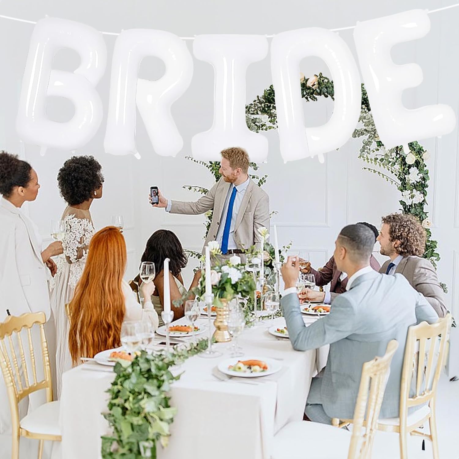 40 Inch White Bride Foil Balloons with Ribbon and Straw