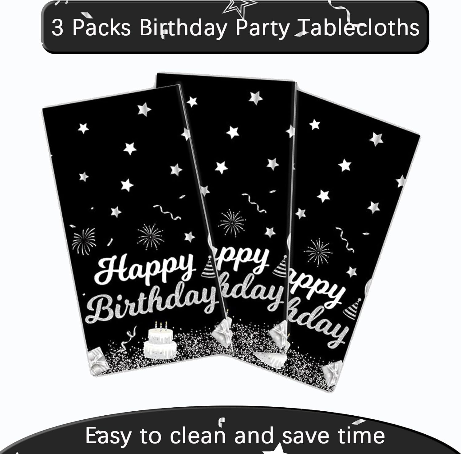 MRJ 3 Pack Silver and Black Star Birthday Tablecloths 54x108