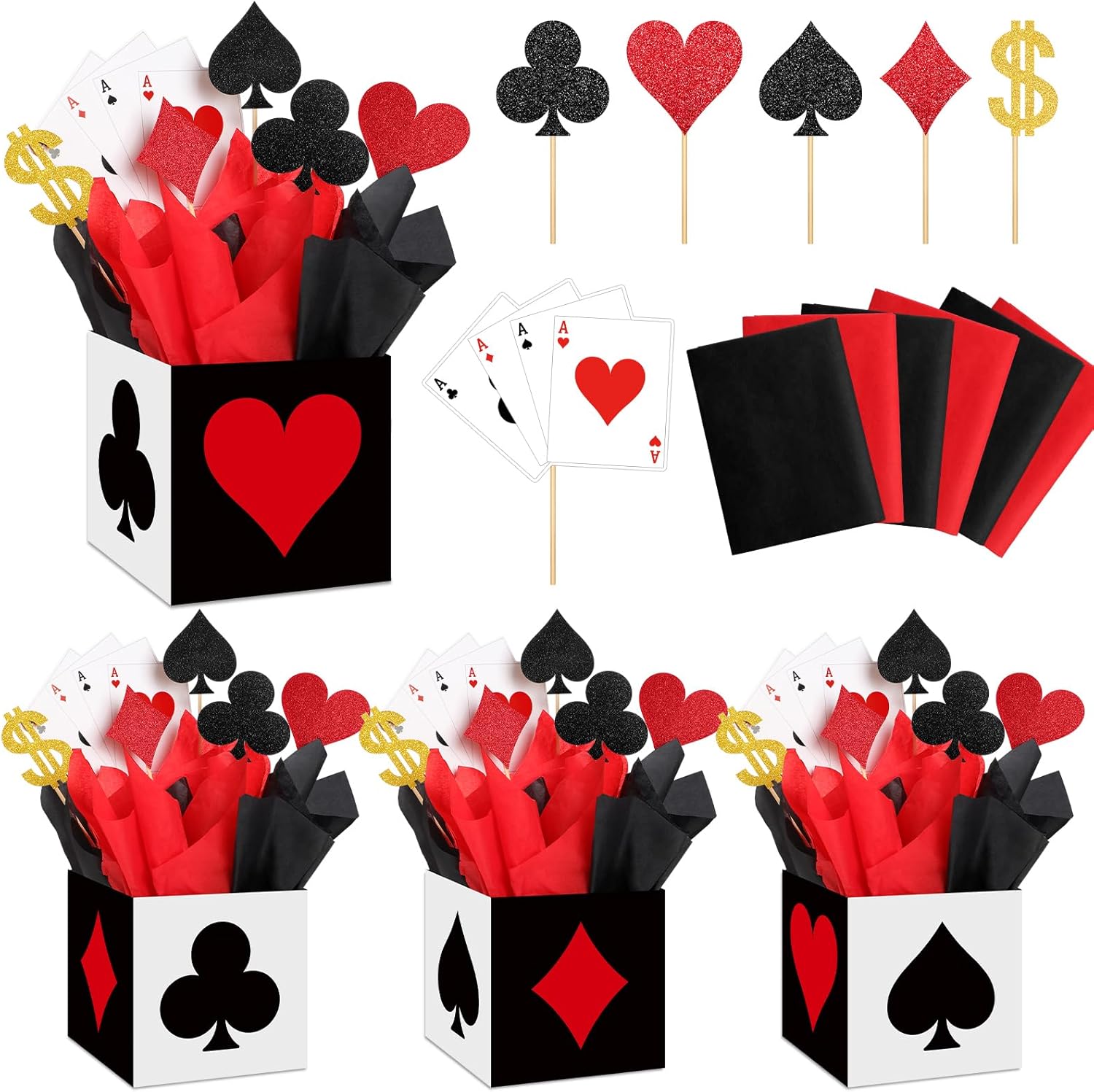 Zhanmai Casino Party Decorations Set 4 Poker Boxes with Extras