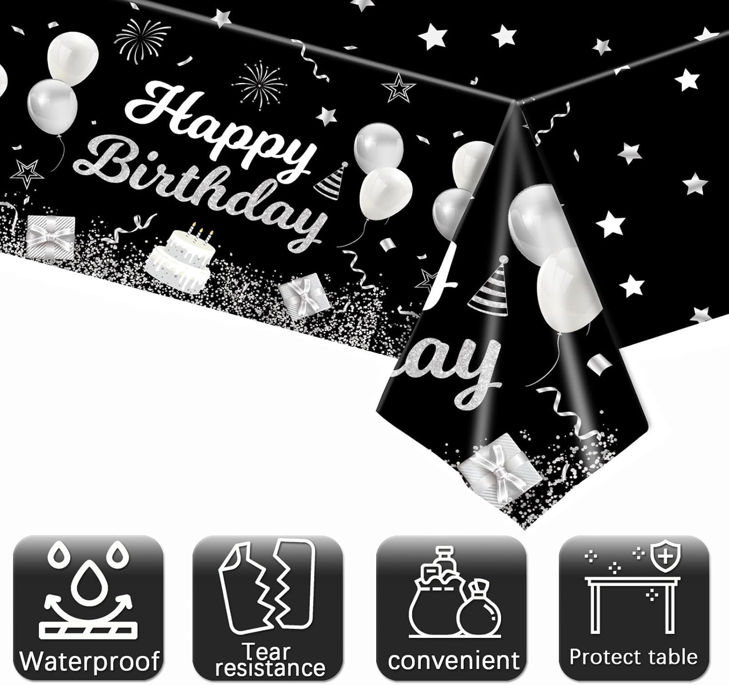 MRJ 3 Pack Silver and Black Star Birthday Tablecloths 54x108