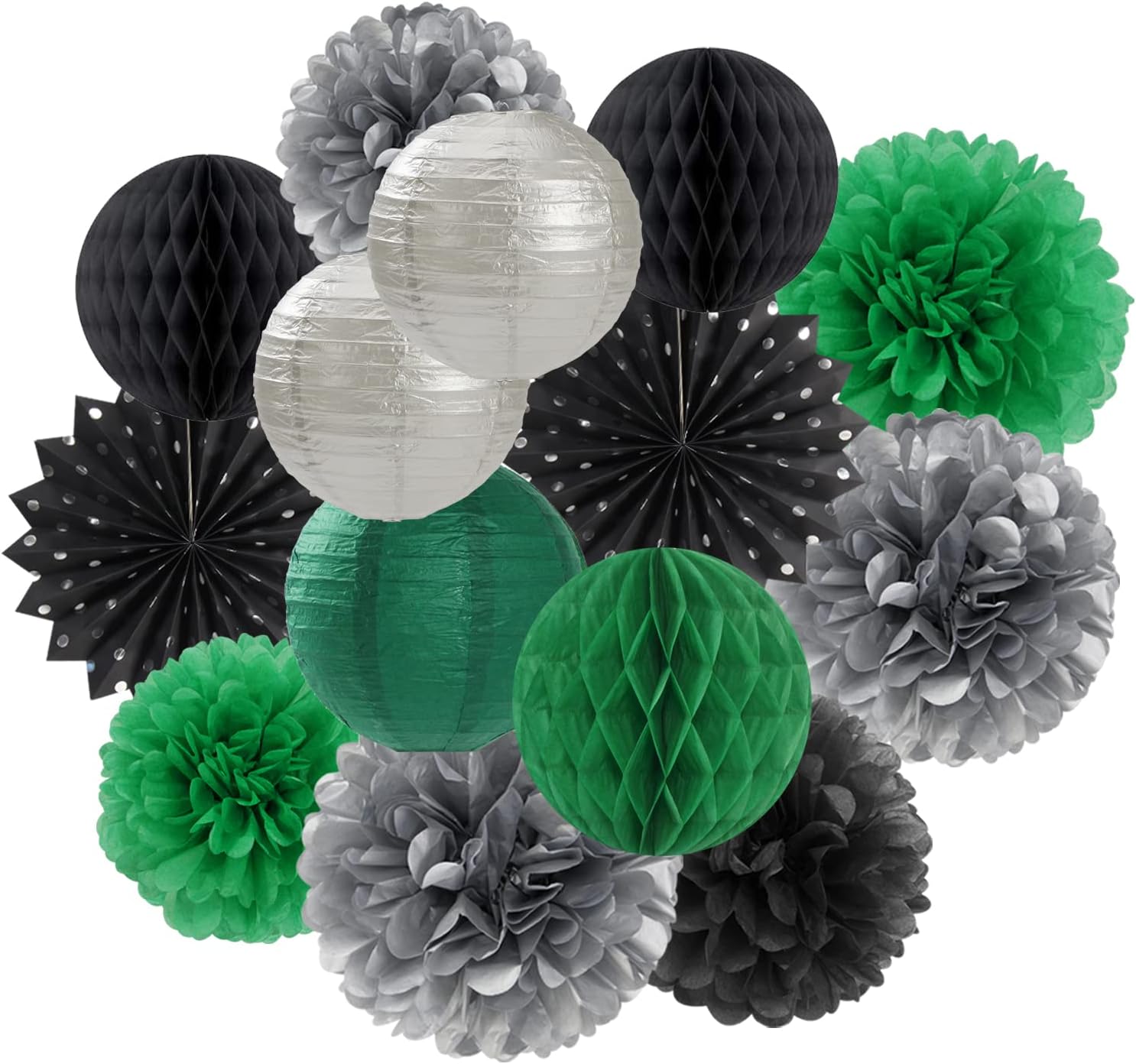 Black-Green Silver Party Decor Streamers Lanterns 14pcs Set