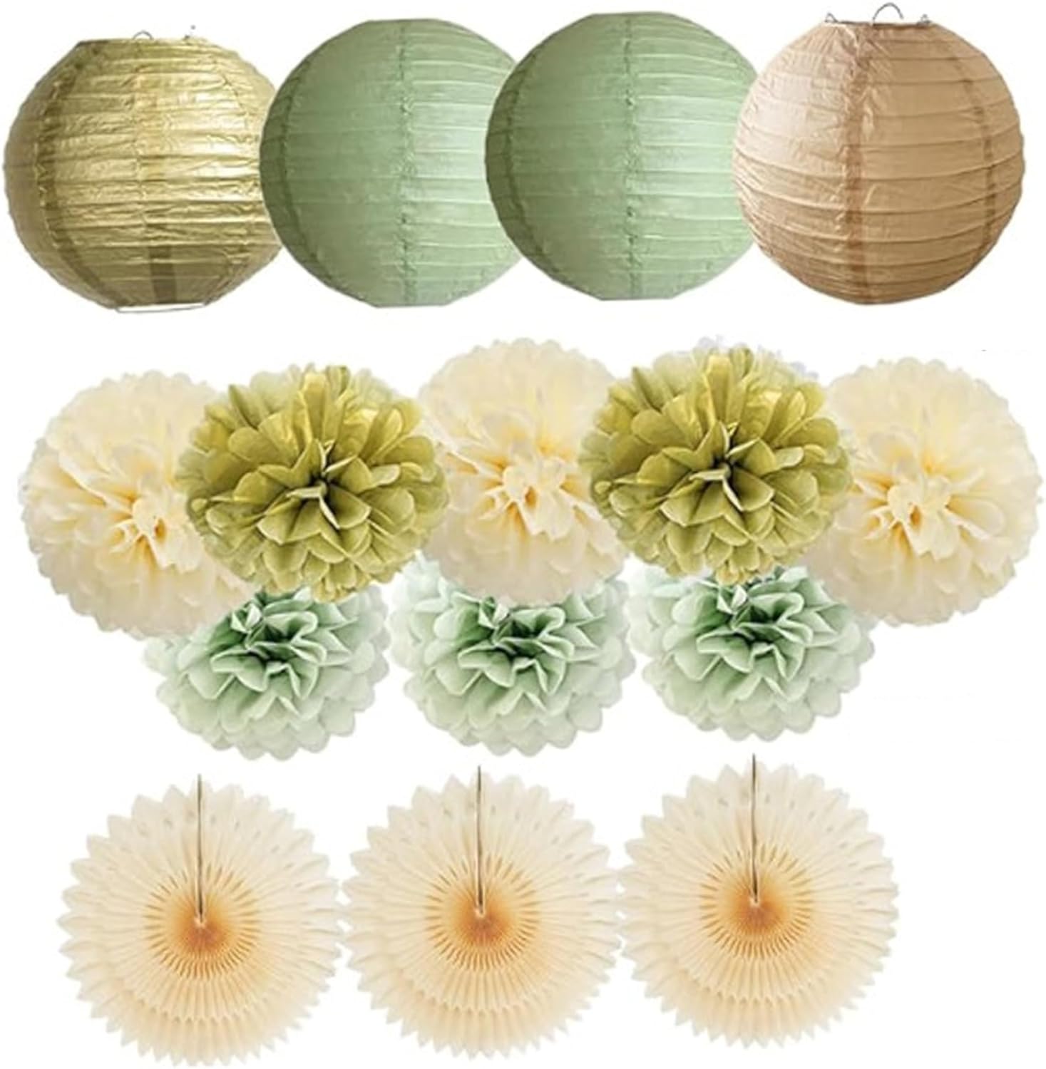 Comebachome 15PCS Paper Pom Poms Set Green Gold Tissue Decorations