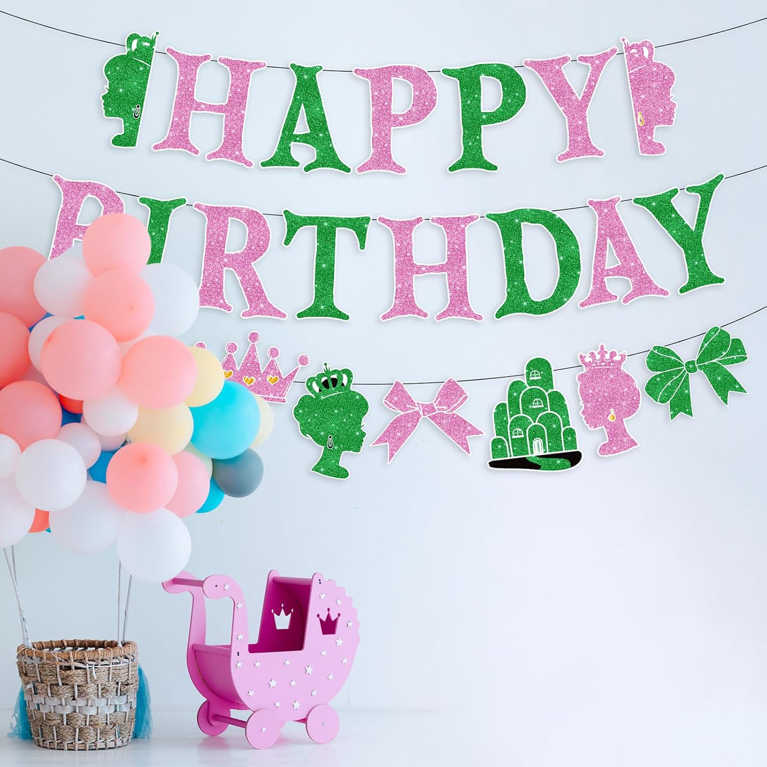 Witch Birthday Banner Pink Green Princess Theme Party Decor