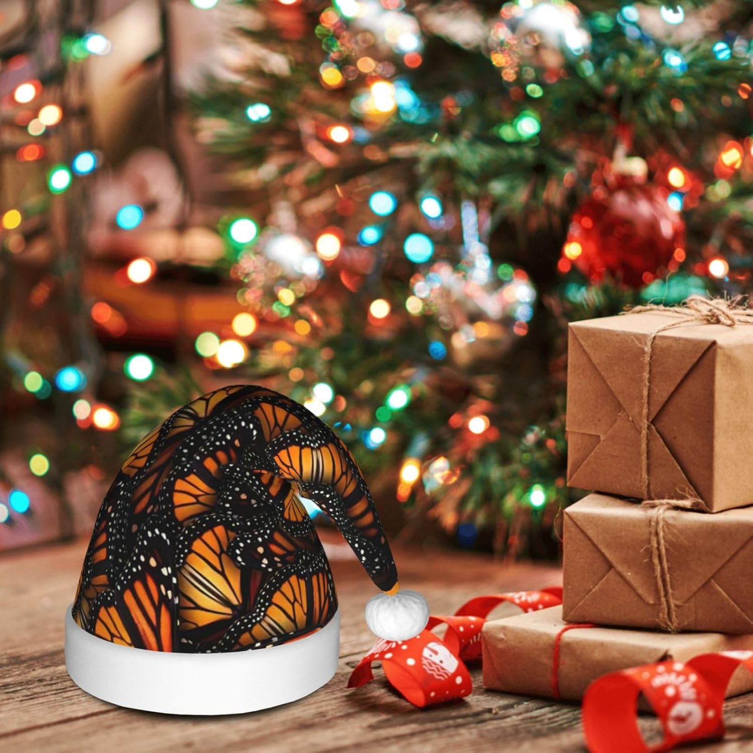 QINZHENG Orange Monarch Butterflies Santa Hat