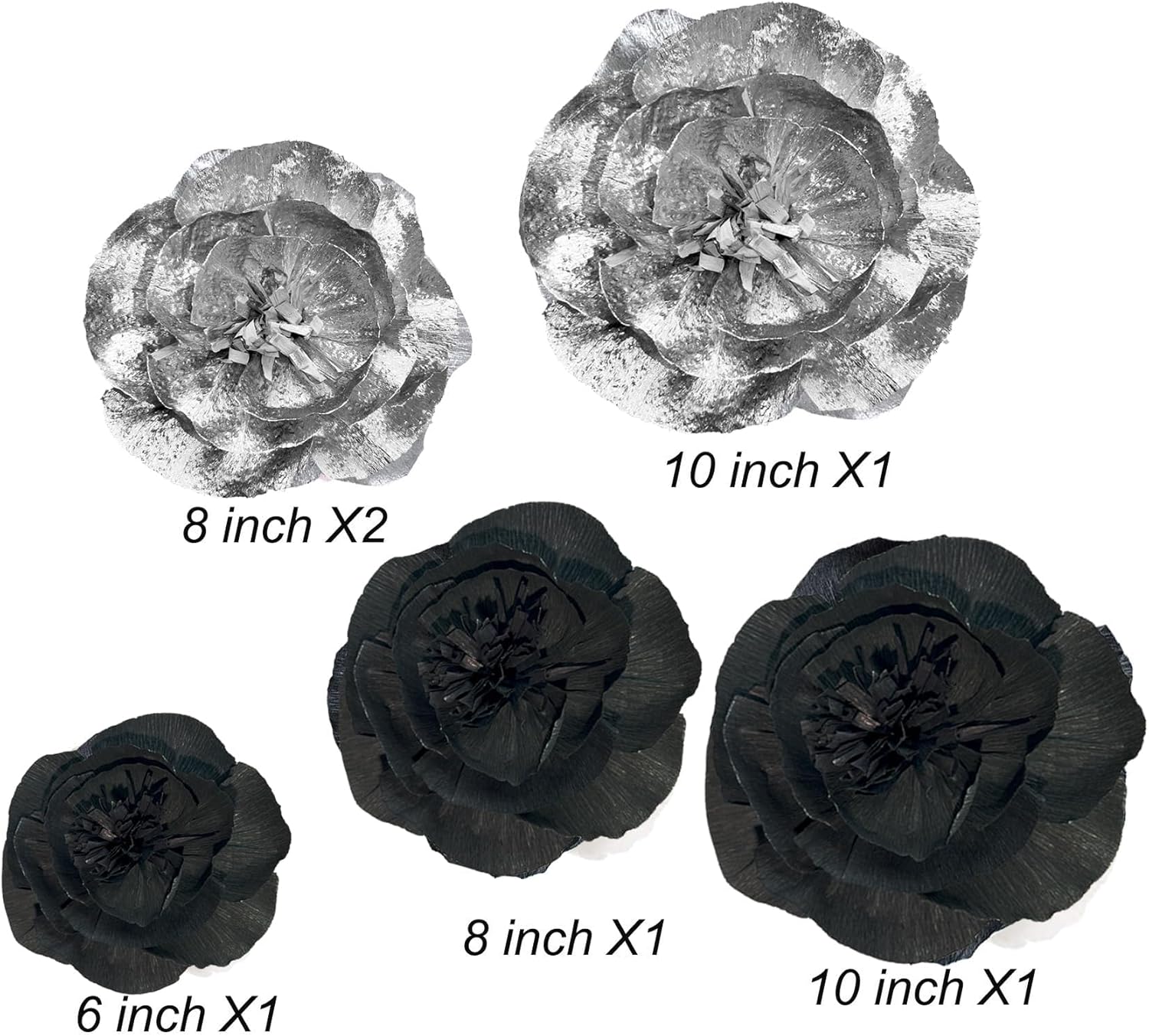 IGUO Silver Black Paper Flowers 3D Decor 6PCS