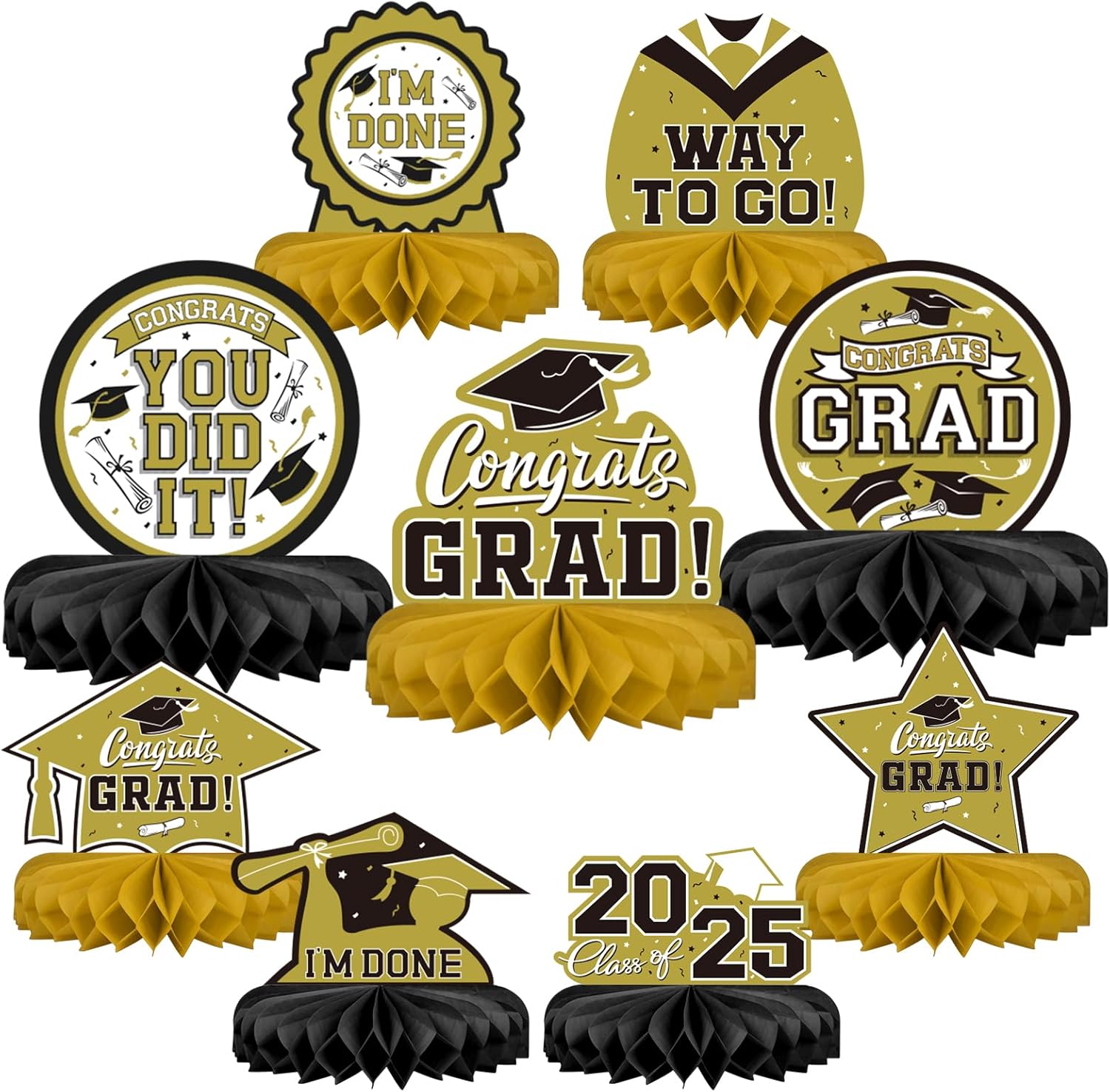 9PCS Graduation Party Decorations Honeycomb Table Centerpieces Gold and Black