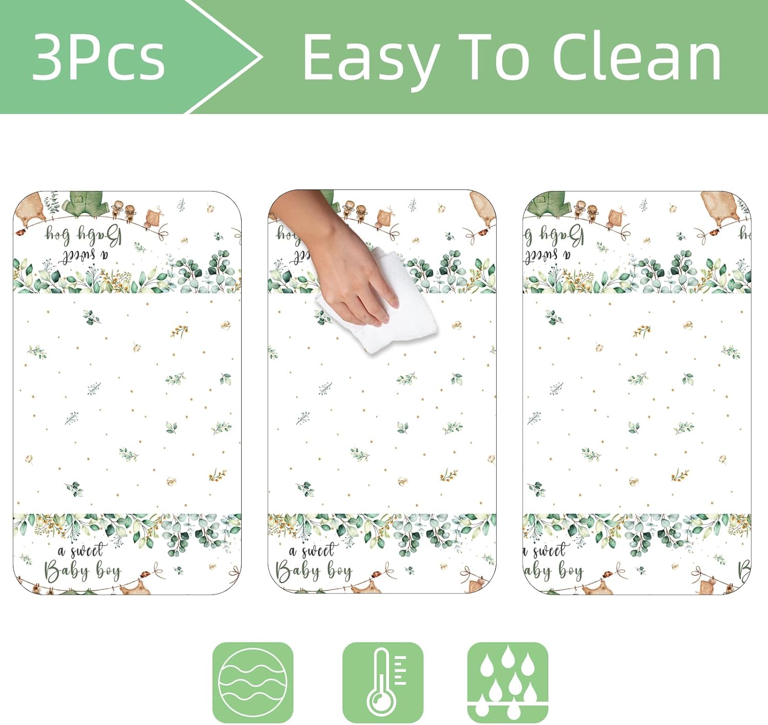 3PCS Waterproof Greenery Baby Shower Tablecloth for Gender Reveal Party