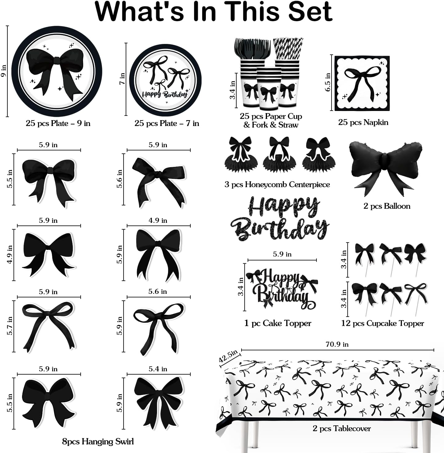 Black Bow Birthday Decorations Set