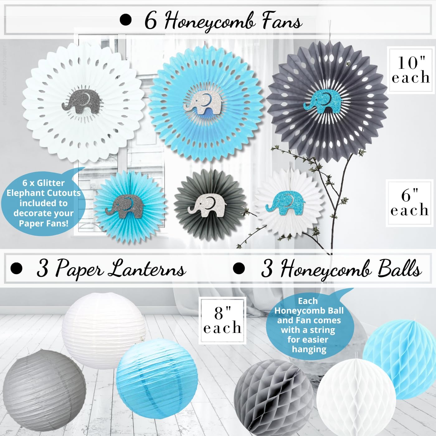 697 Pcs Premium Elephant Baby Shower Decor Set