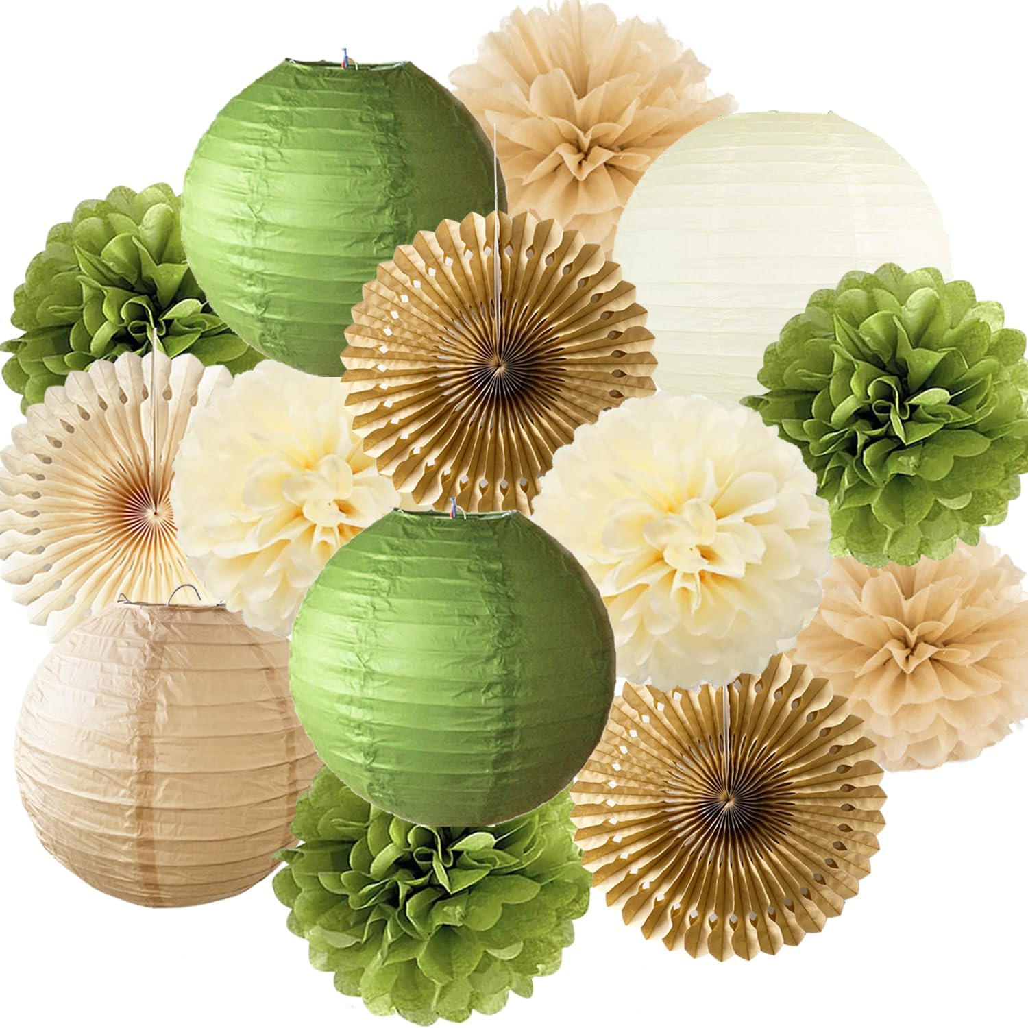 Olive Green Tissue Pom Poms and Paper Lanterns Decor Set