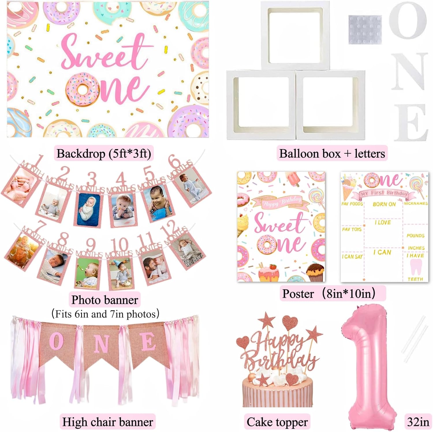 1st Birthday Decorations for Girl 128pcs Balloon Set