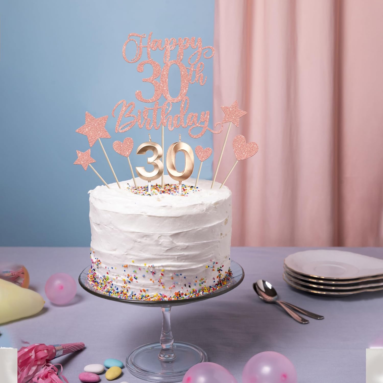 13 PCS Happy 30th Birthday Cake Toppers with Heart Star Glitter Rose Gold