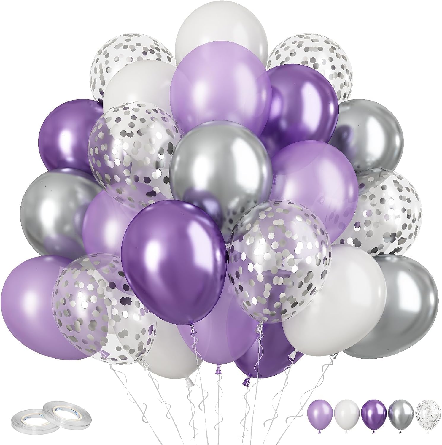 FunHot 60Pcs 12 Inch Metallic Silver and Purple Balloons Set