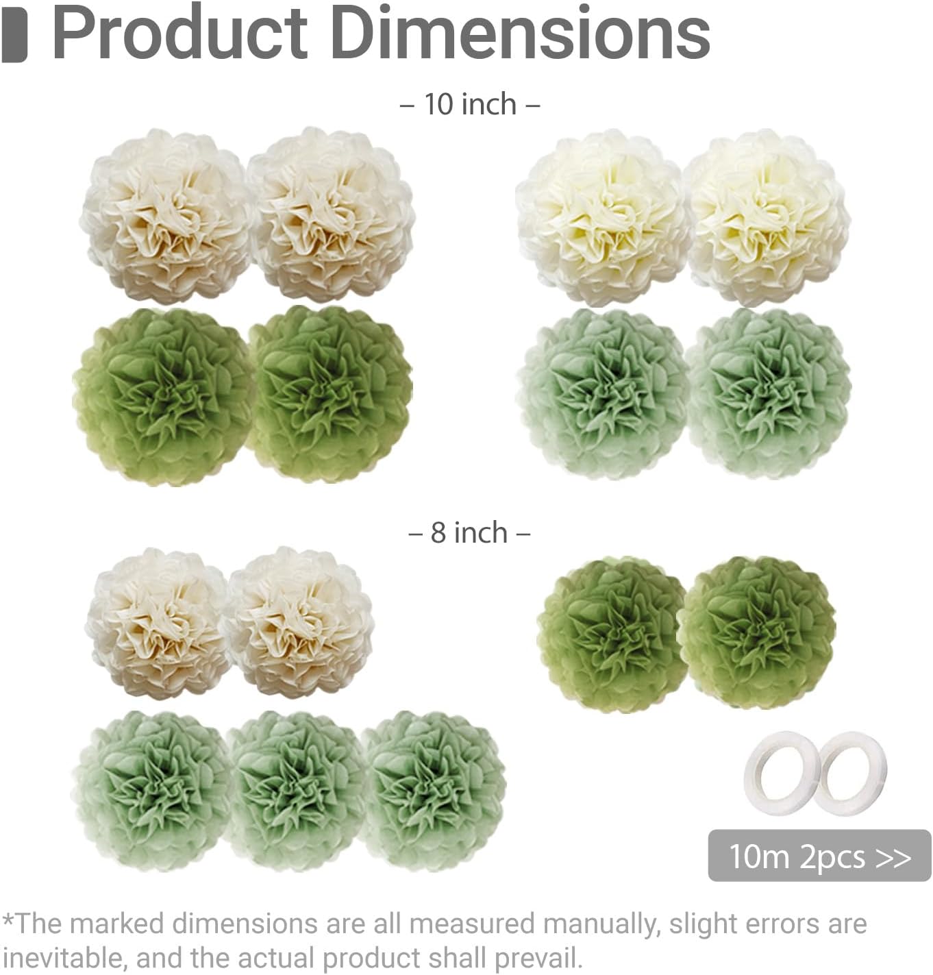 Kuailaihai 15pcs Sage Green Paper Pom Poms Decor Set