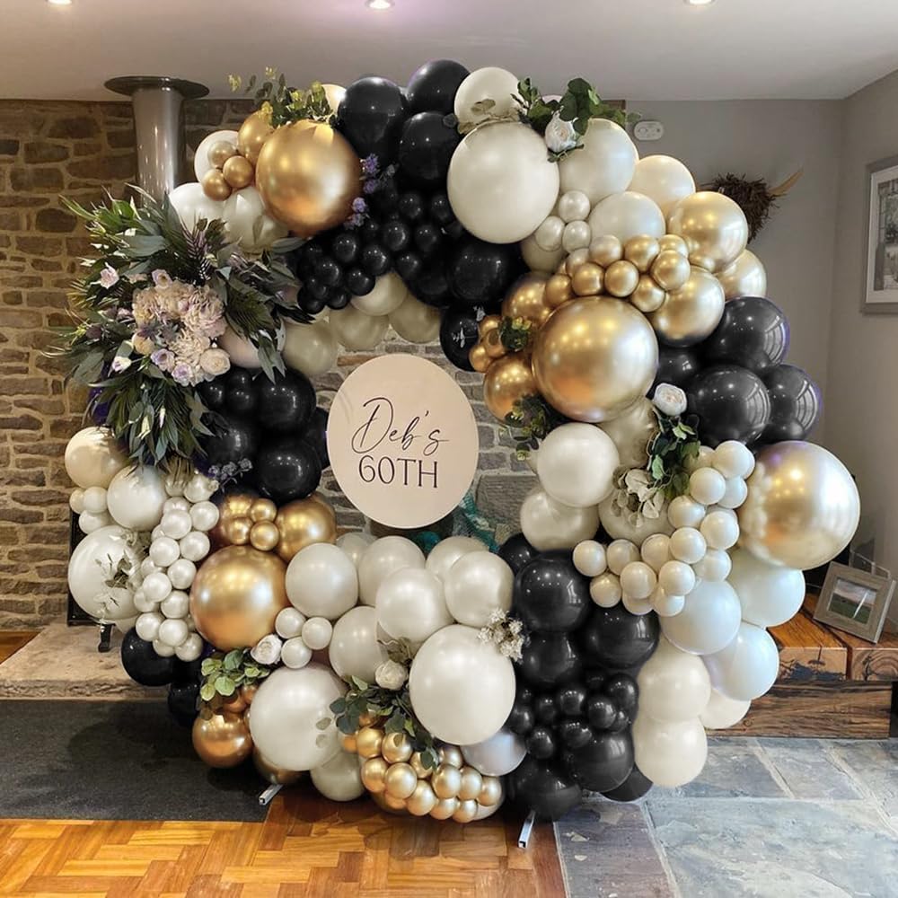 Double Stuffed Black White Gold Balloon Arch Kit
