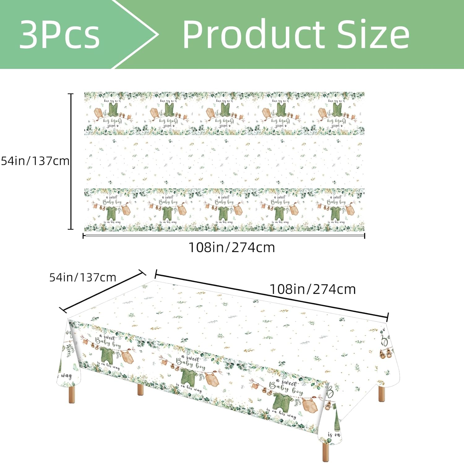 3PCS Waterproof Greenery Baby Shower Tablecloth for Gender Reveal Party