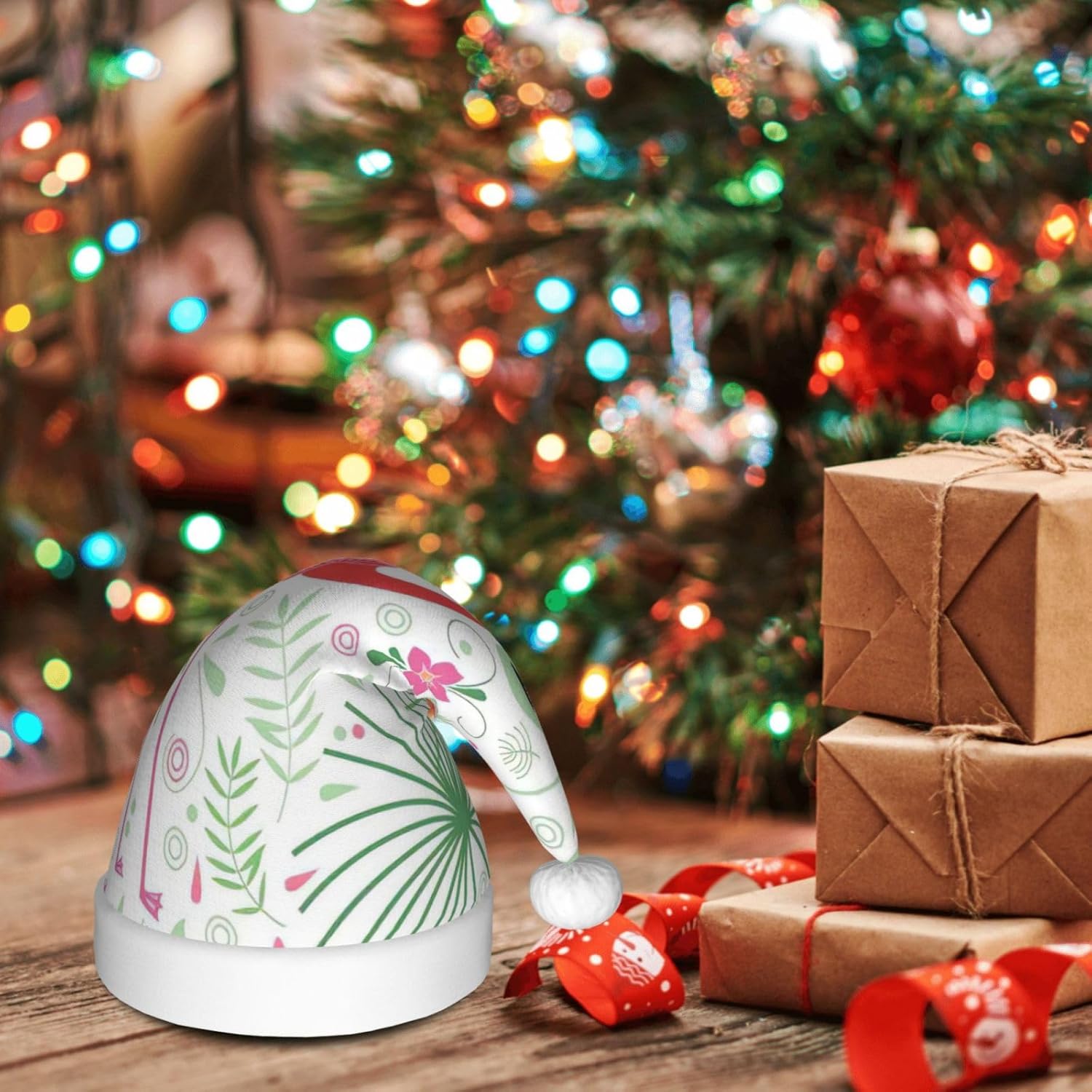 QINZHENG Floral Flamingo Santa Hat Personalized Christmas Headwear