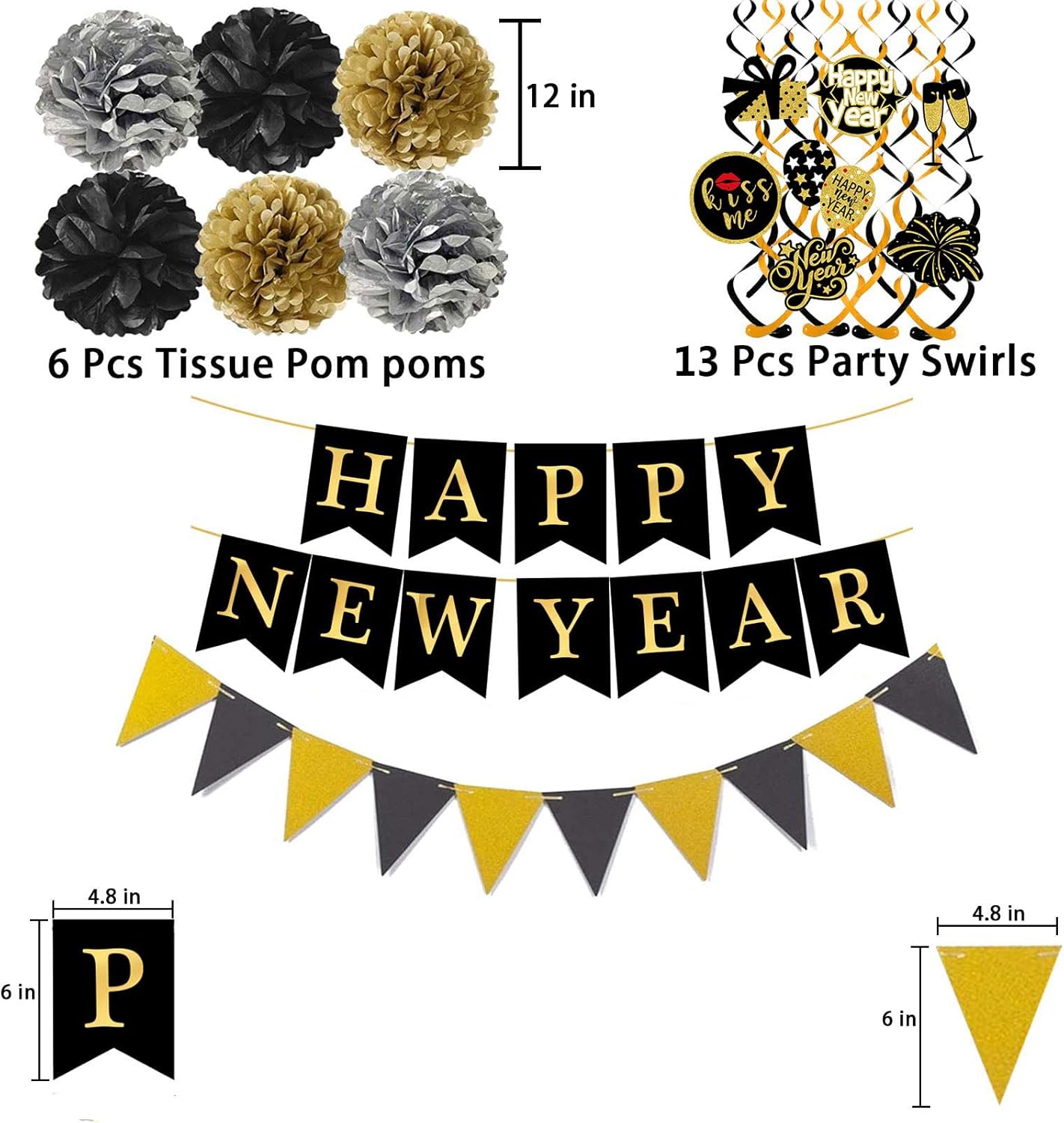 Happy New Year Banner with Pom Poms and Triangle Flags