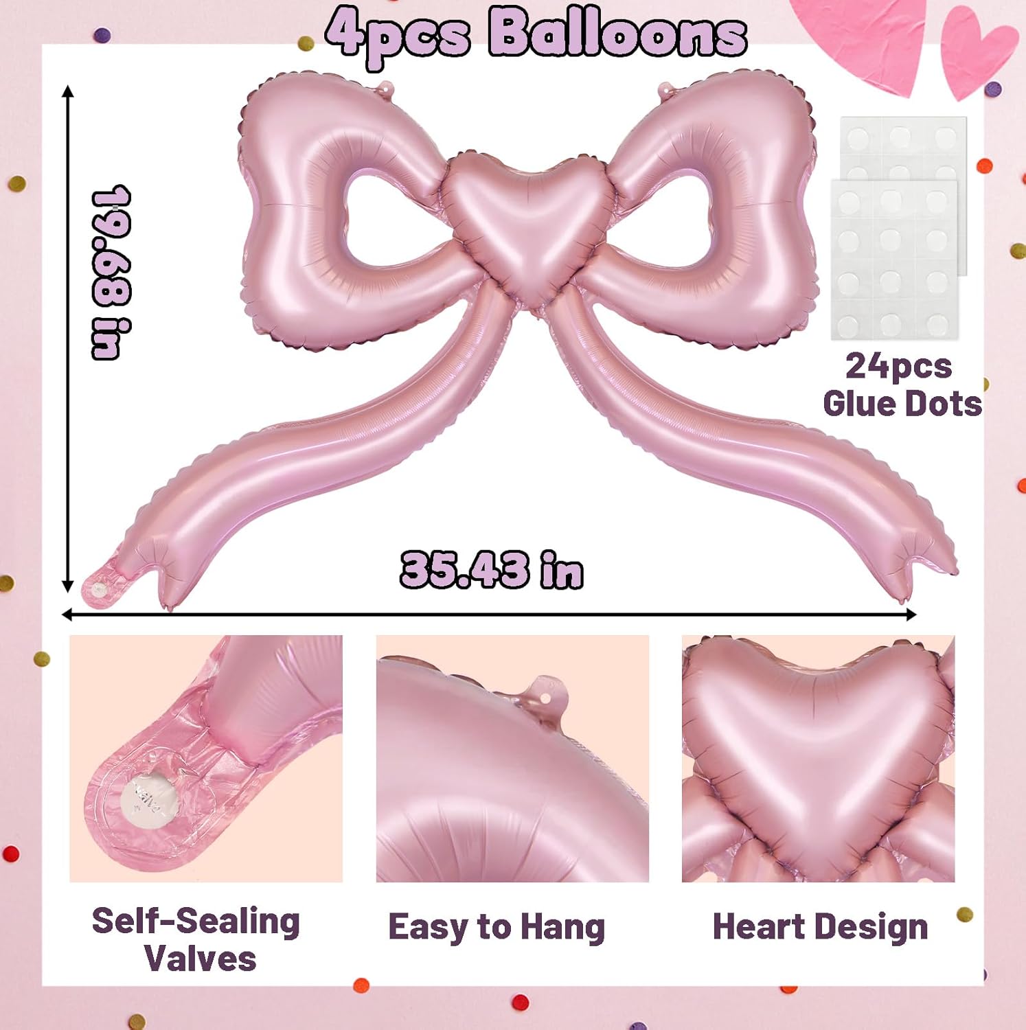 Pink Bow Balloons for Bachelorette Party Decorations 4Pcs